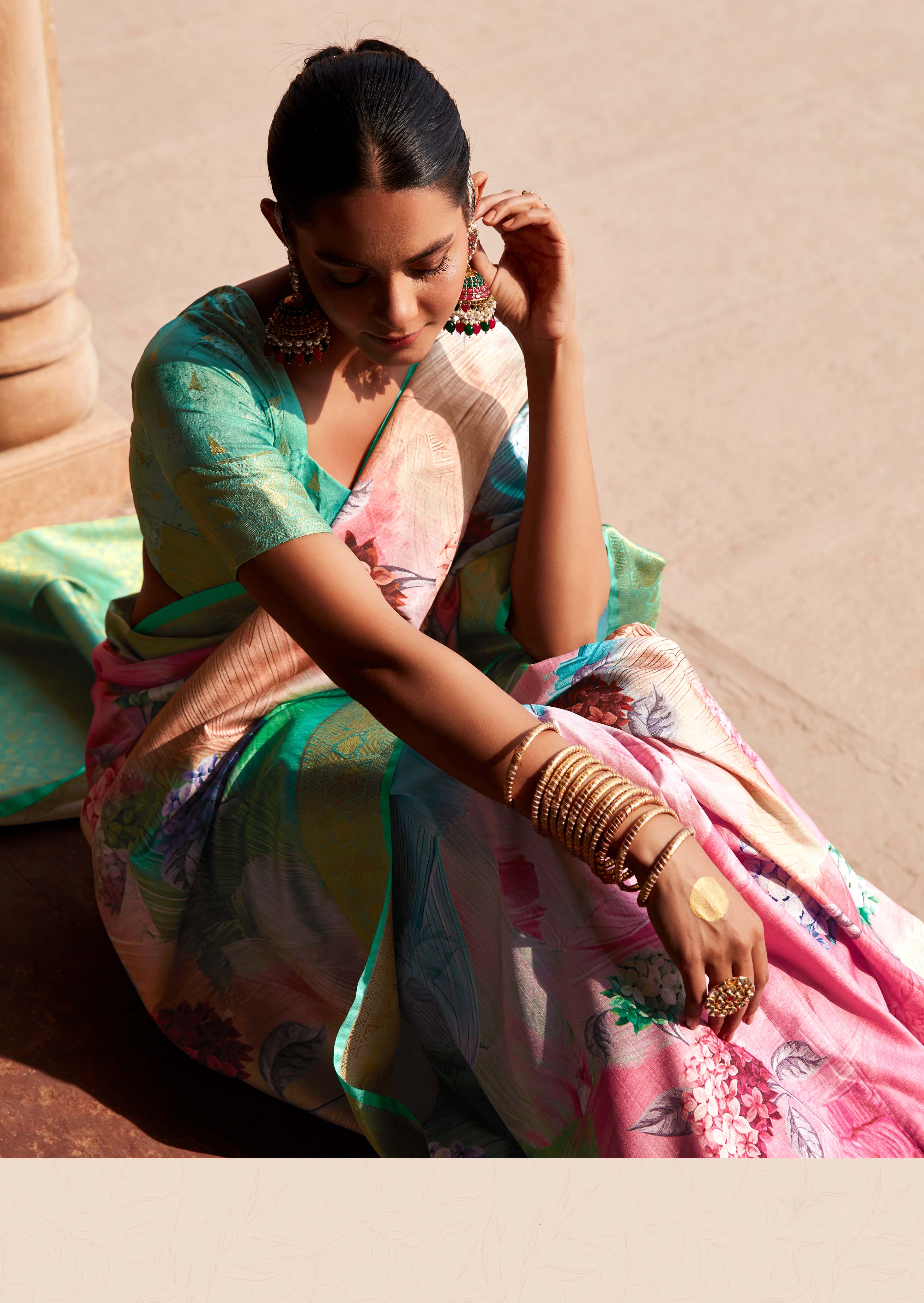 Sea Green and Pink Digital Printed Soft Silk Saree