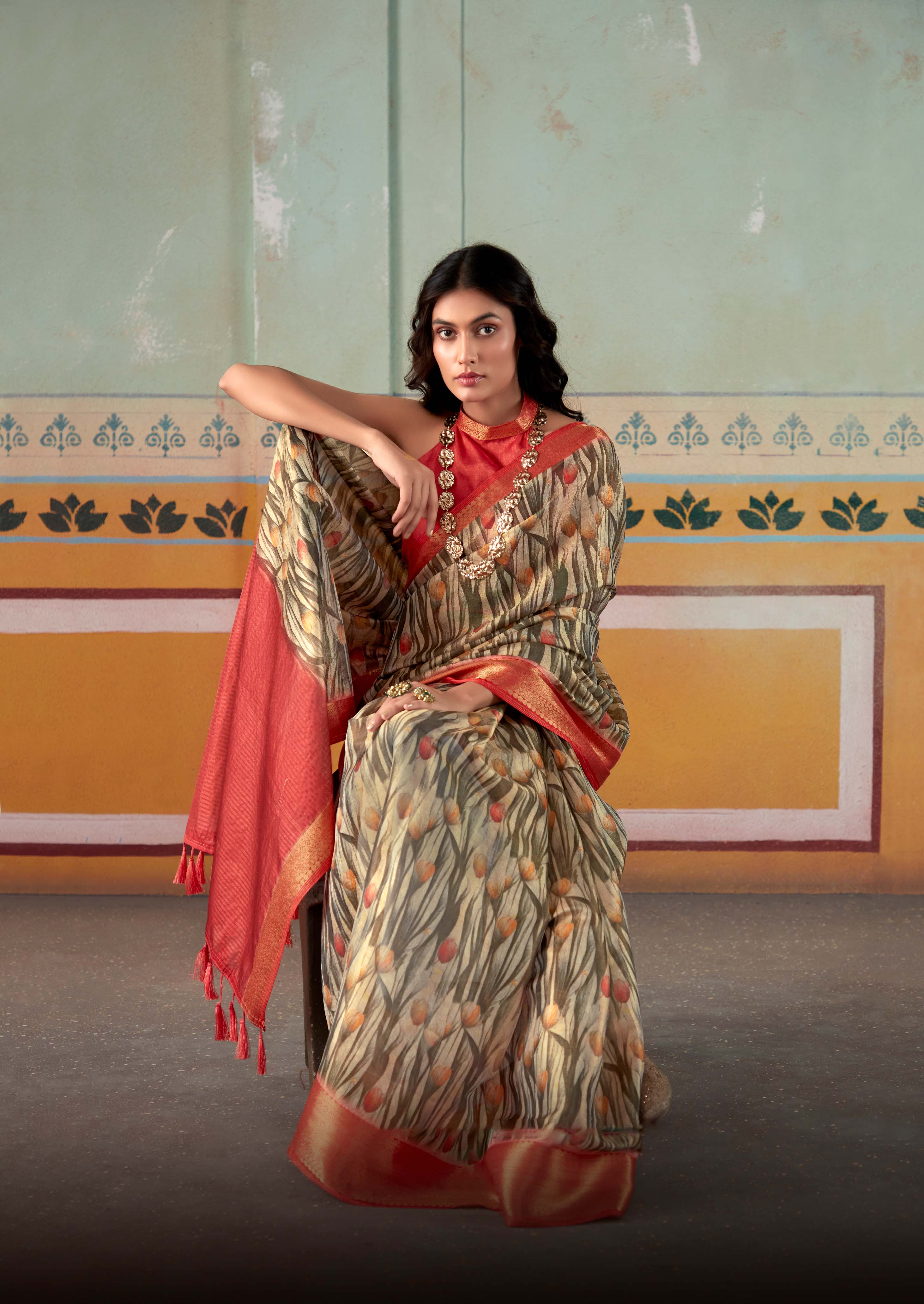 Earthy Brown and Red Banarasi Tissue Silk Saree