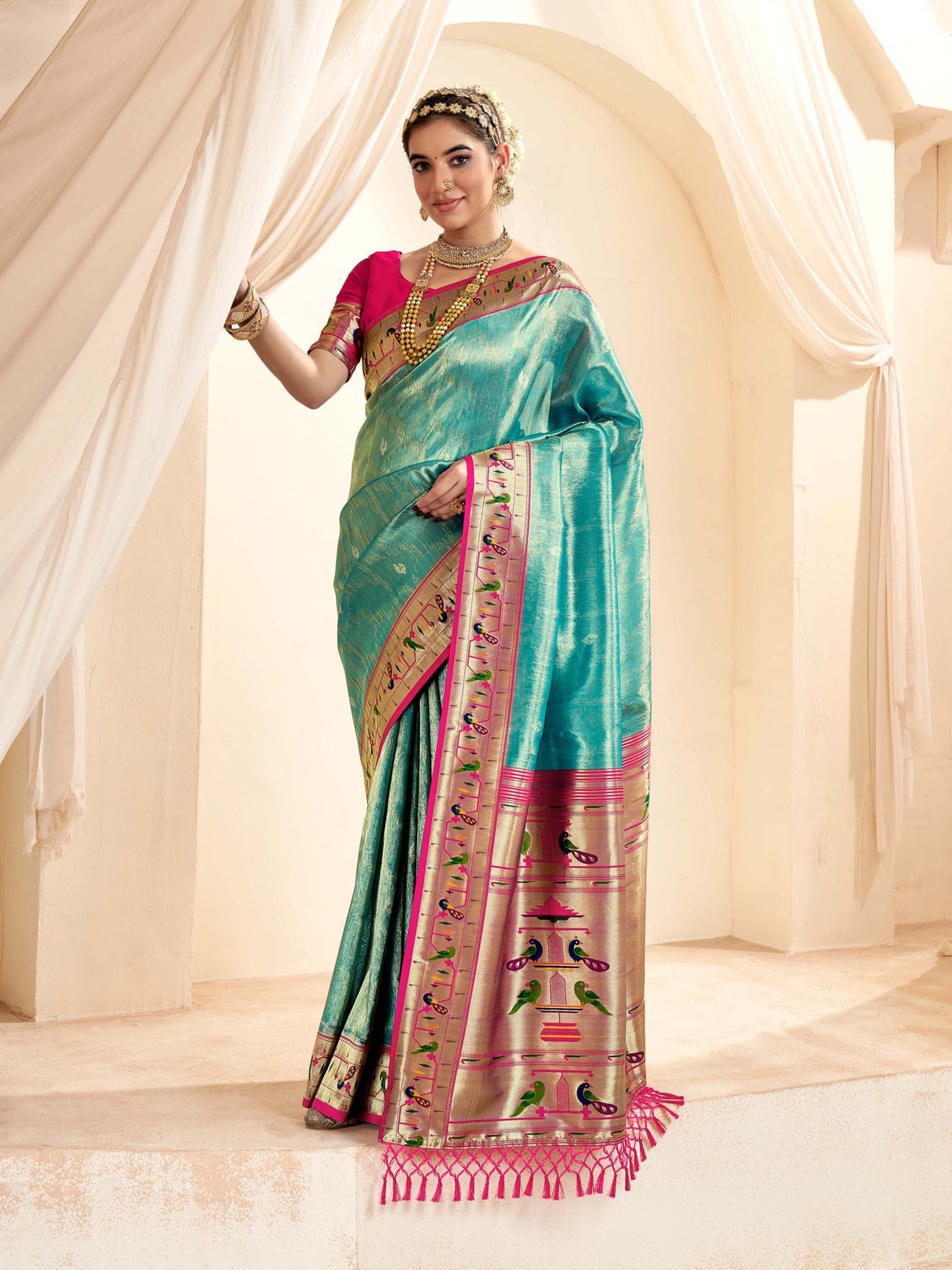 Enchanting Sky Green Paithani Tissue Silk Saree