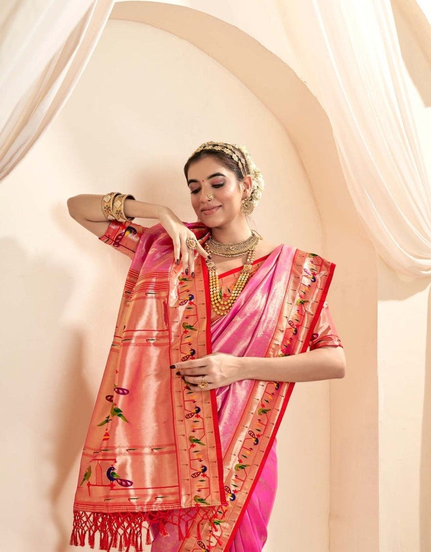 Elegant Pink Paithani Tissue Silk Saree