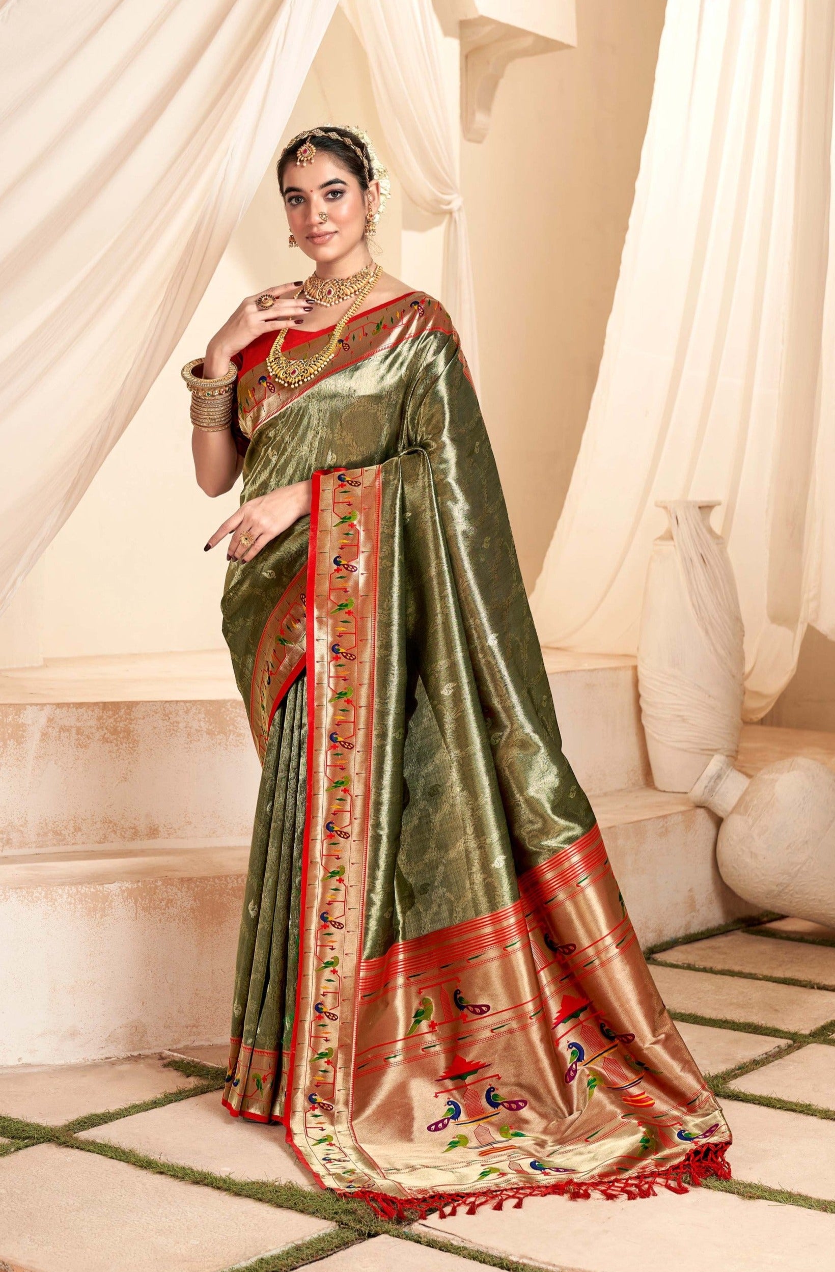 Elegant Olive Green Paithani Tissue Silk Saree