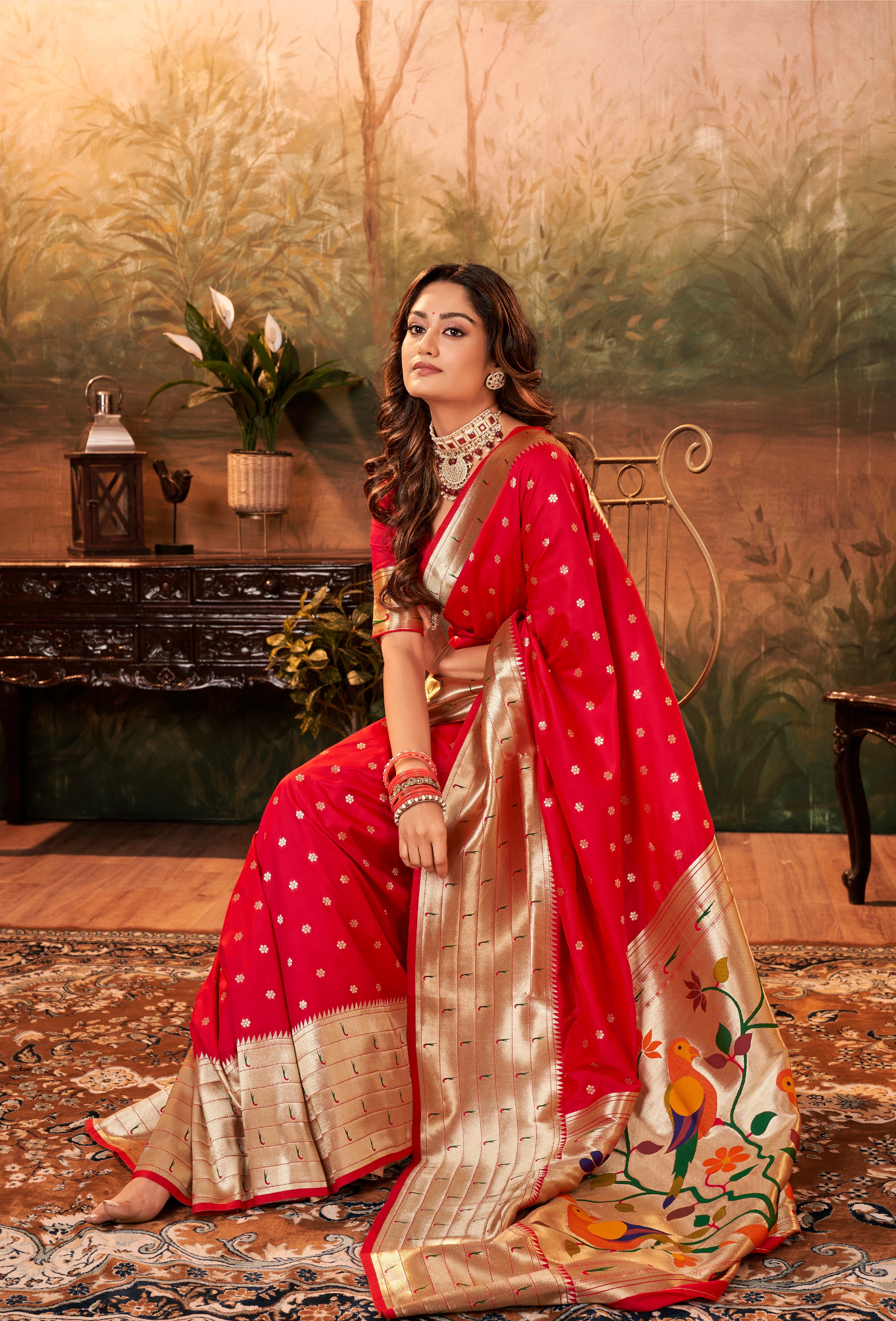 Citrusy Royal Red Pure Paithani Silk with Zari Weaving  Saree