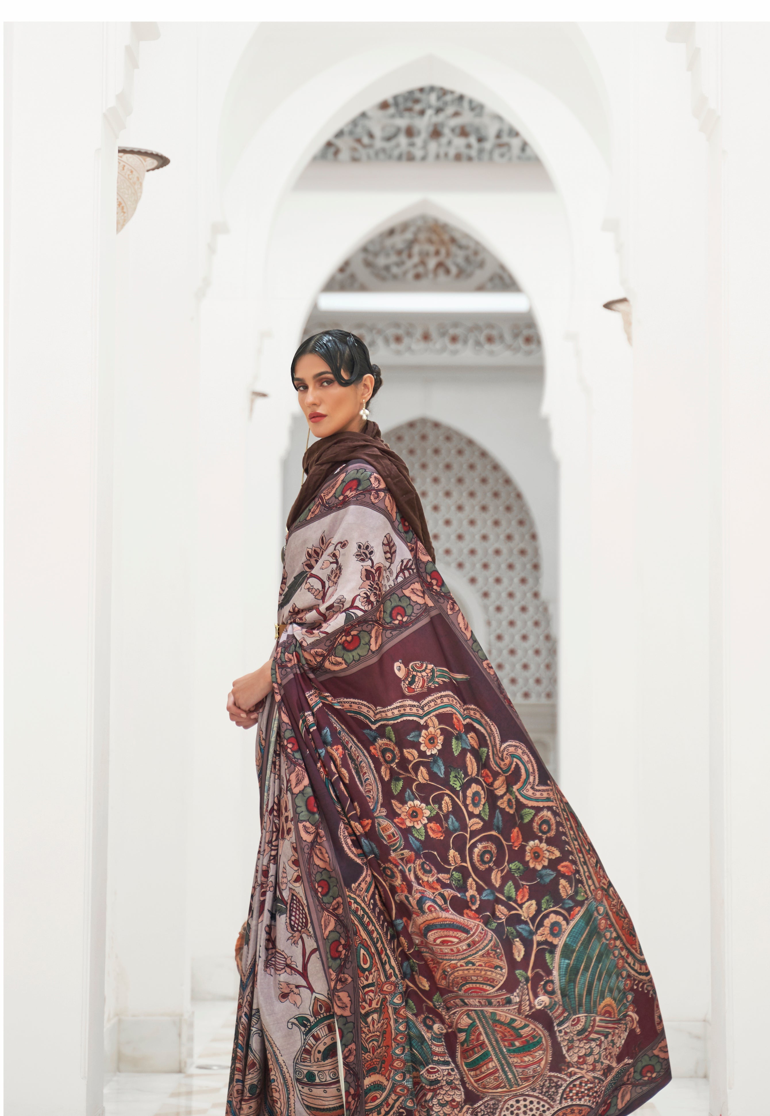 Elegant Brown Kalamkari Printed Crepe Saree - Timeless Charm