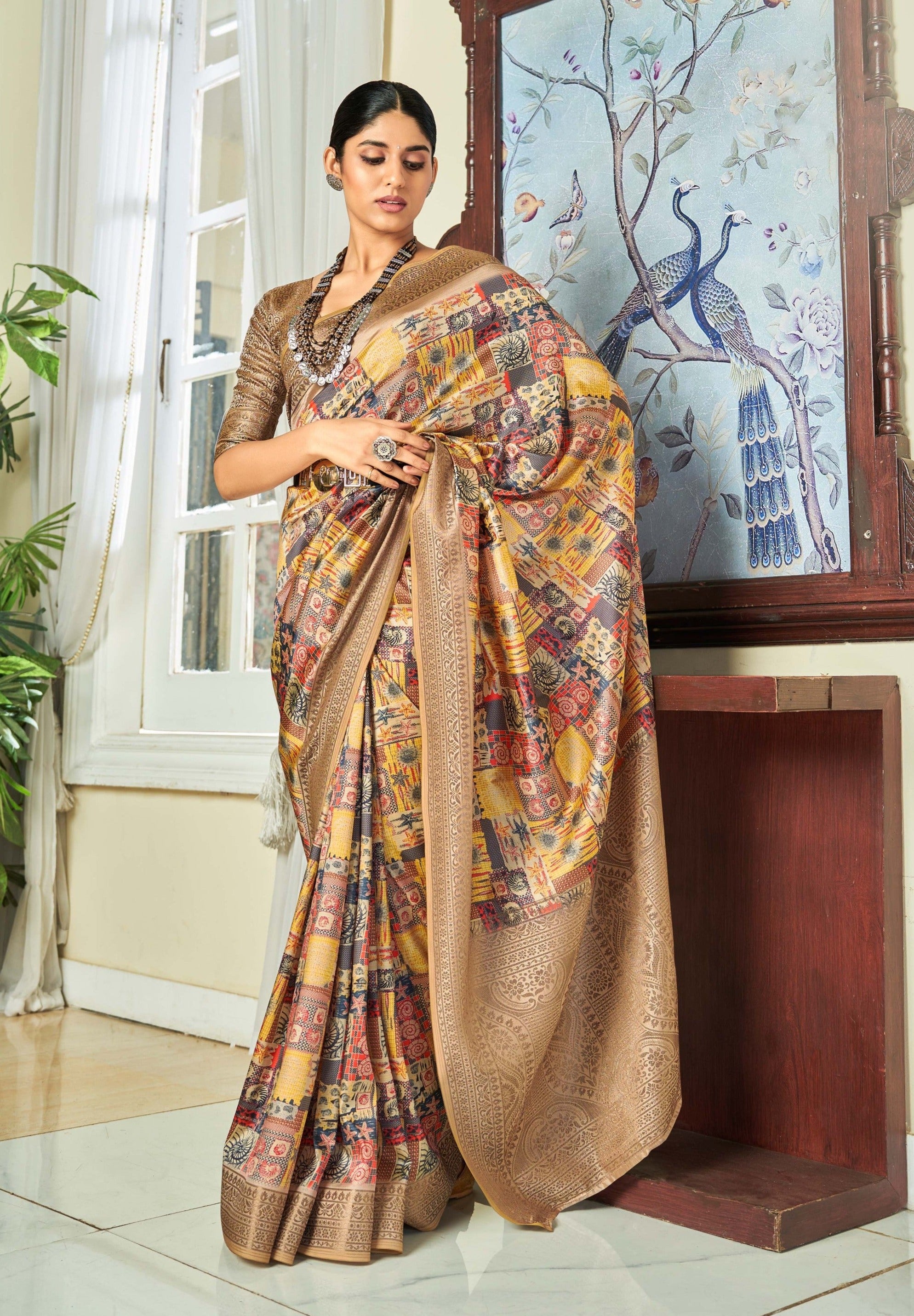 Classic Beige Banarasi Satin Silk Saree