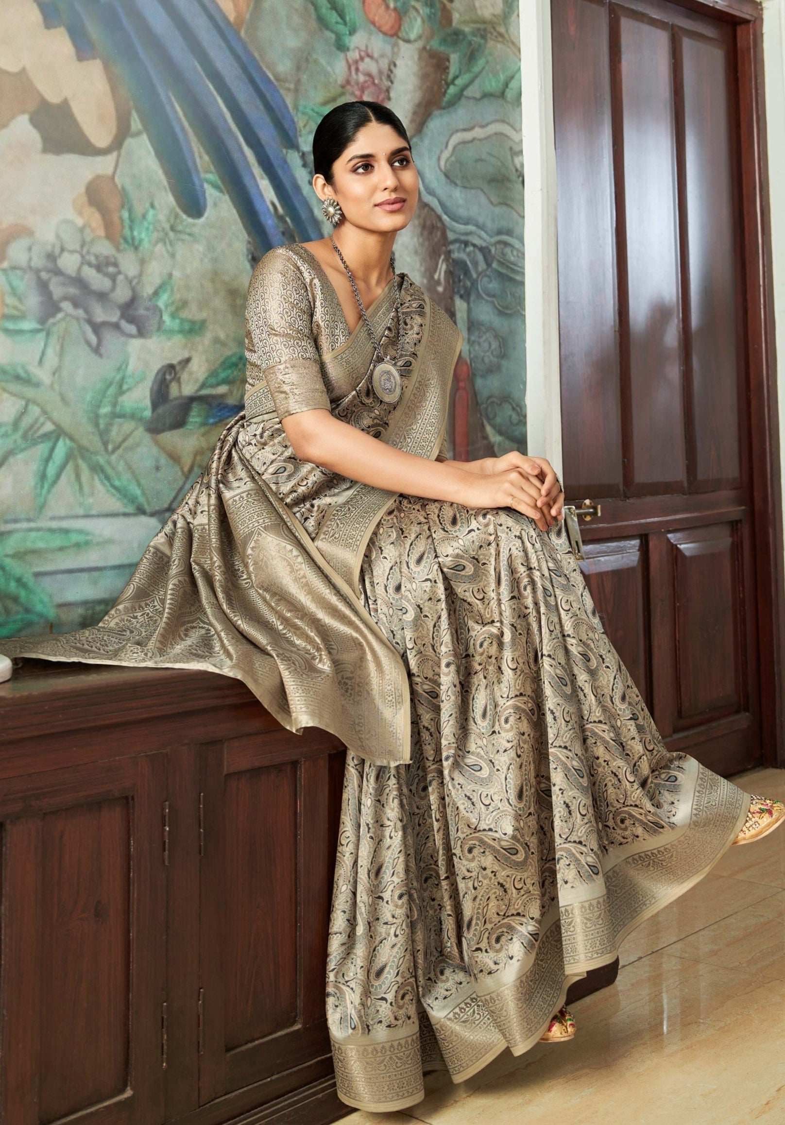 Sophisticated Grey Banarasi Satin Silk Saree