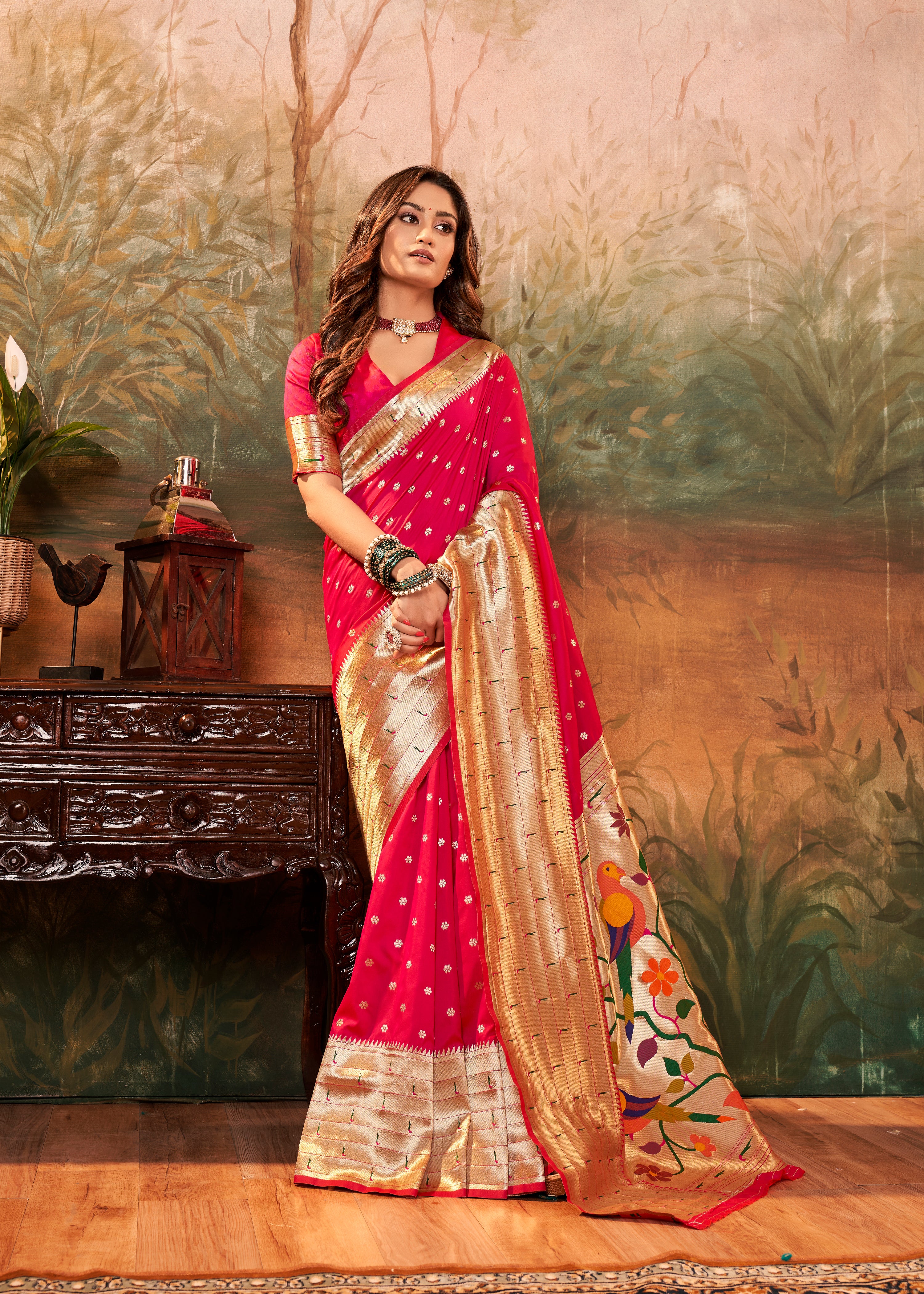 Citrusy Dark Red Pure Paithani Silk with Zari Weaving  Saree