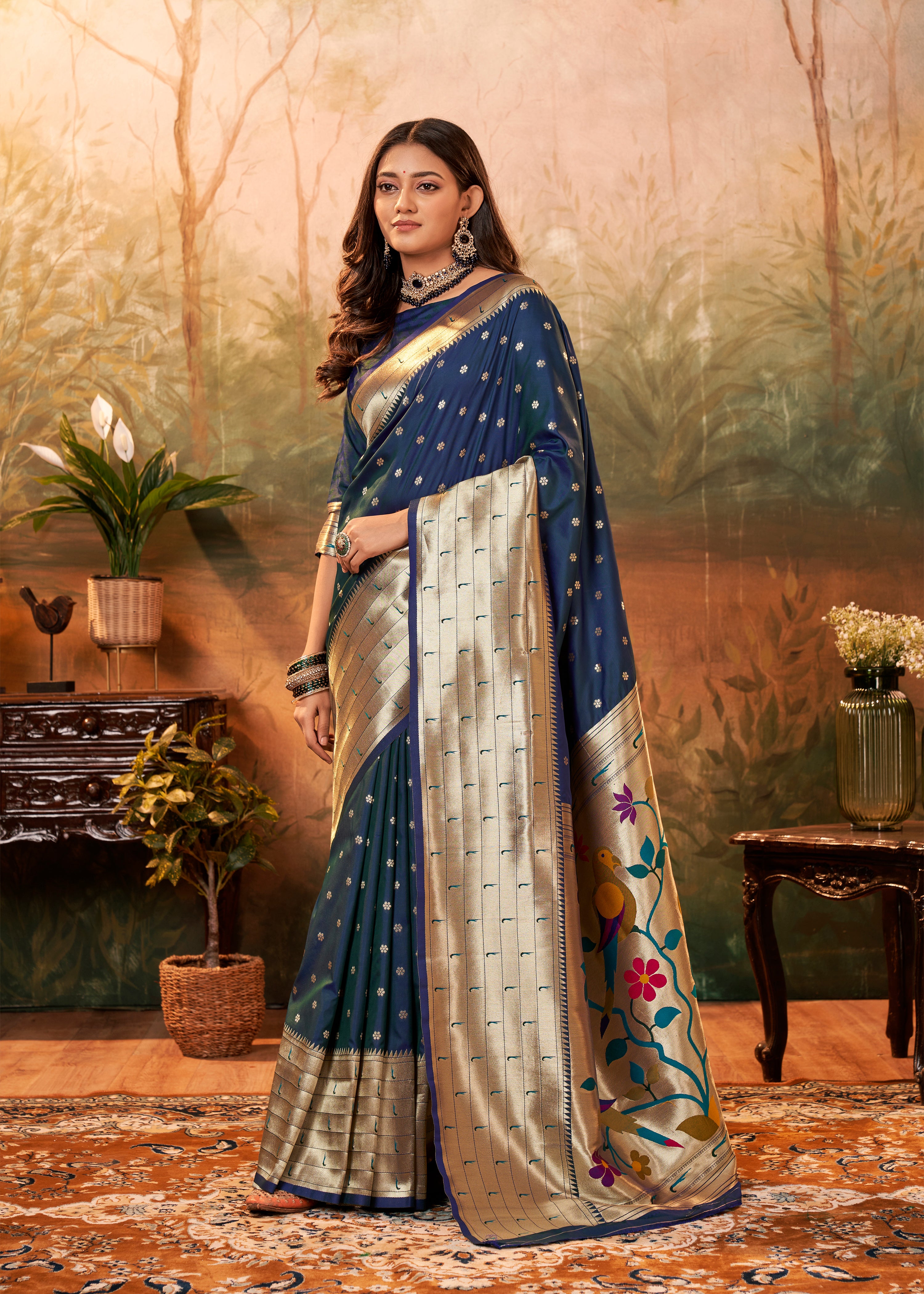 Citrusy Dark Blue Pure Paithani Silk with Zari Weaving  Saree