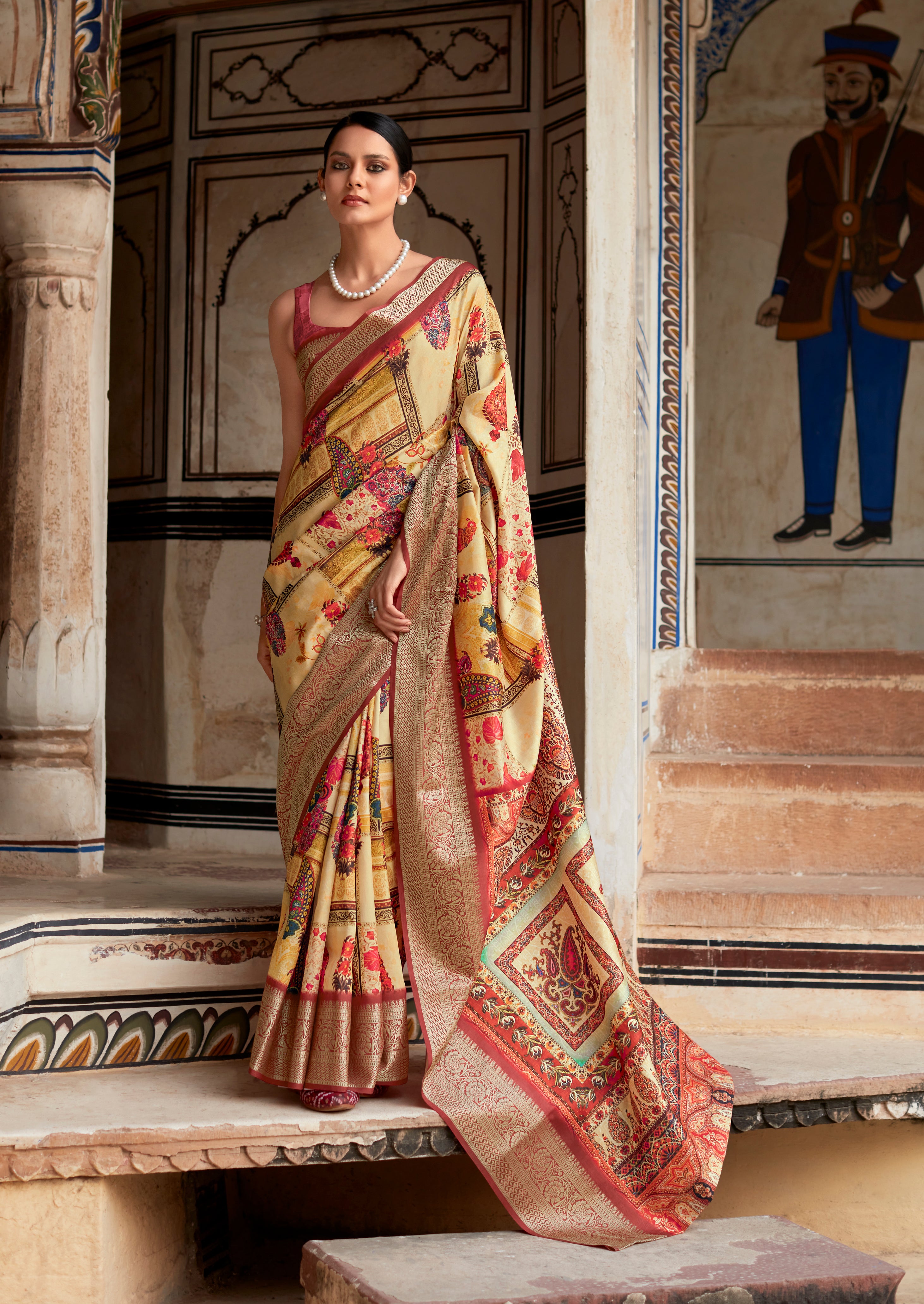 Luminous Yellow Woven Banarasi Printed Silk Saree