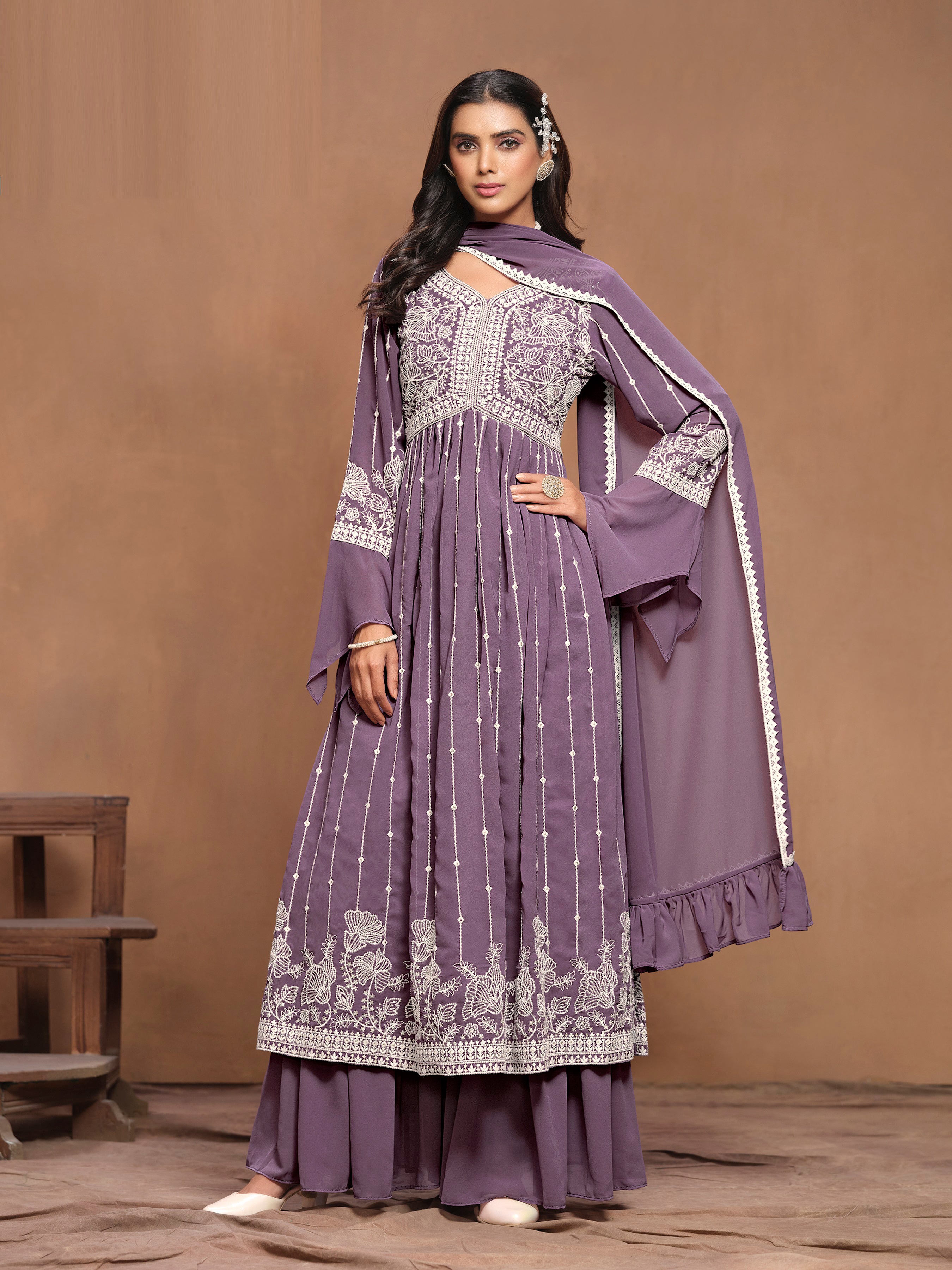 Purple Georgette Thread Work Salwar Kameez