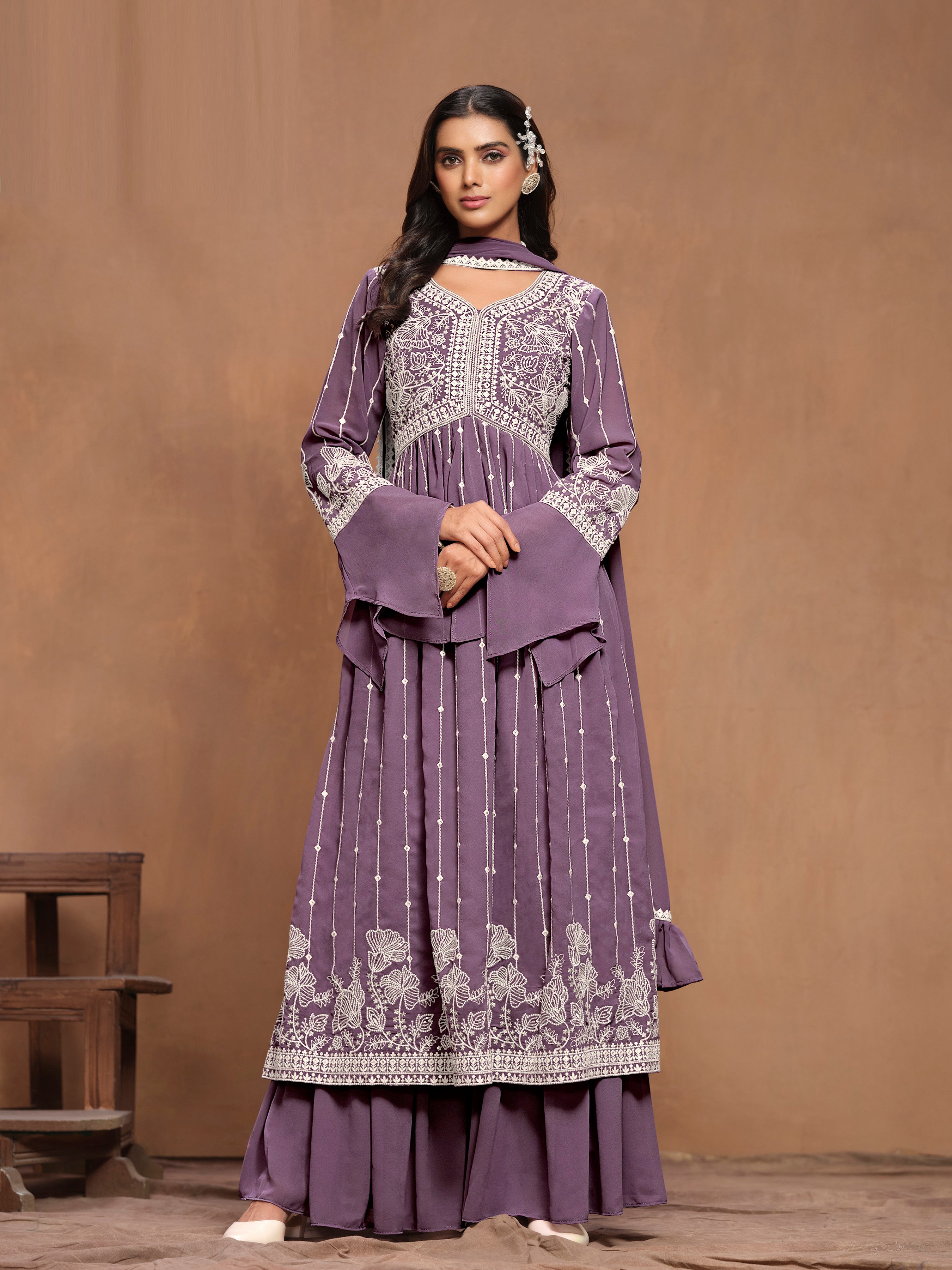 Purple Georgette Thread Work Salwar Kameez