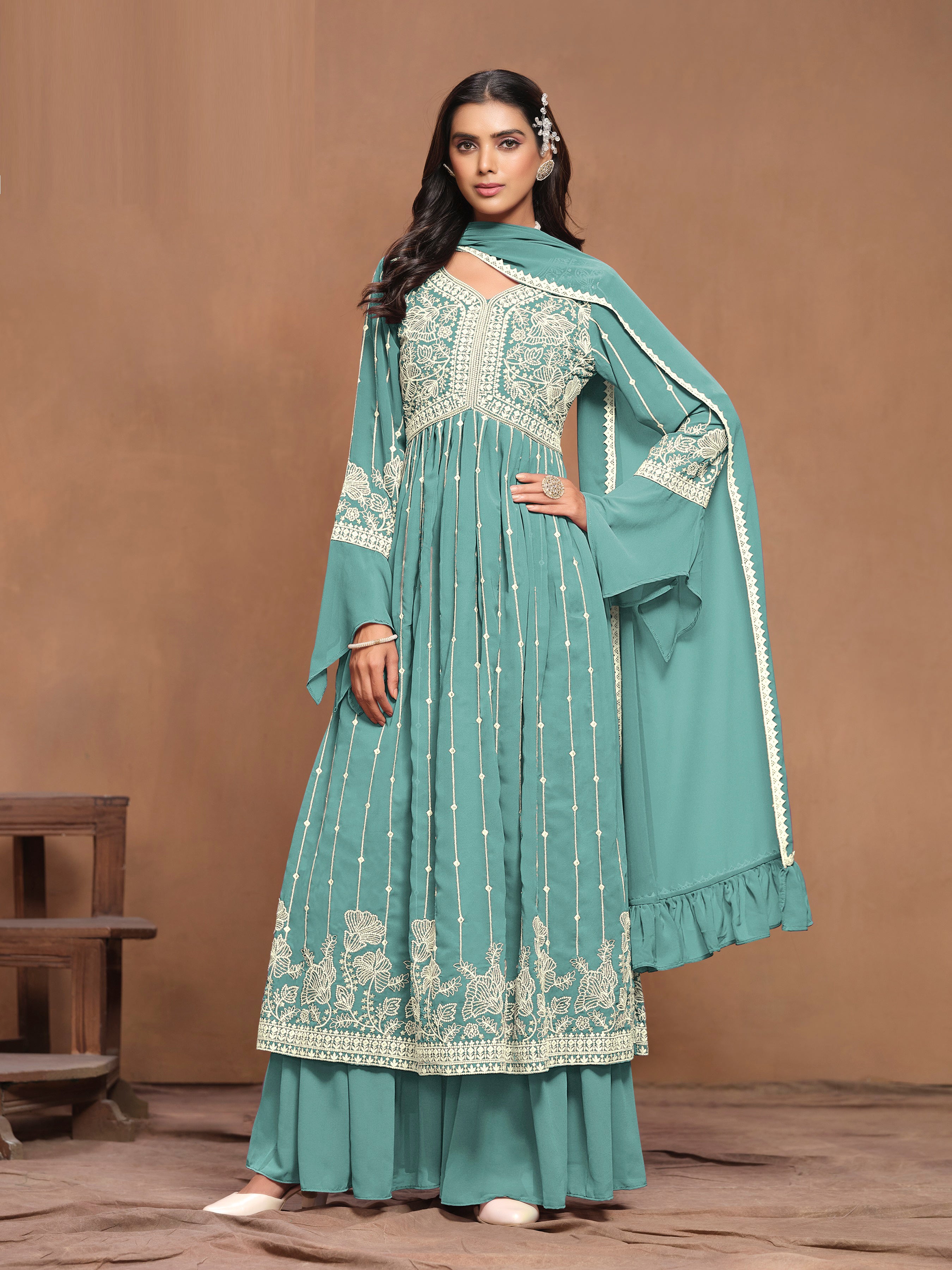 Sea Blue Georgette Thread Work Salwar Kameez