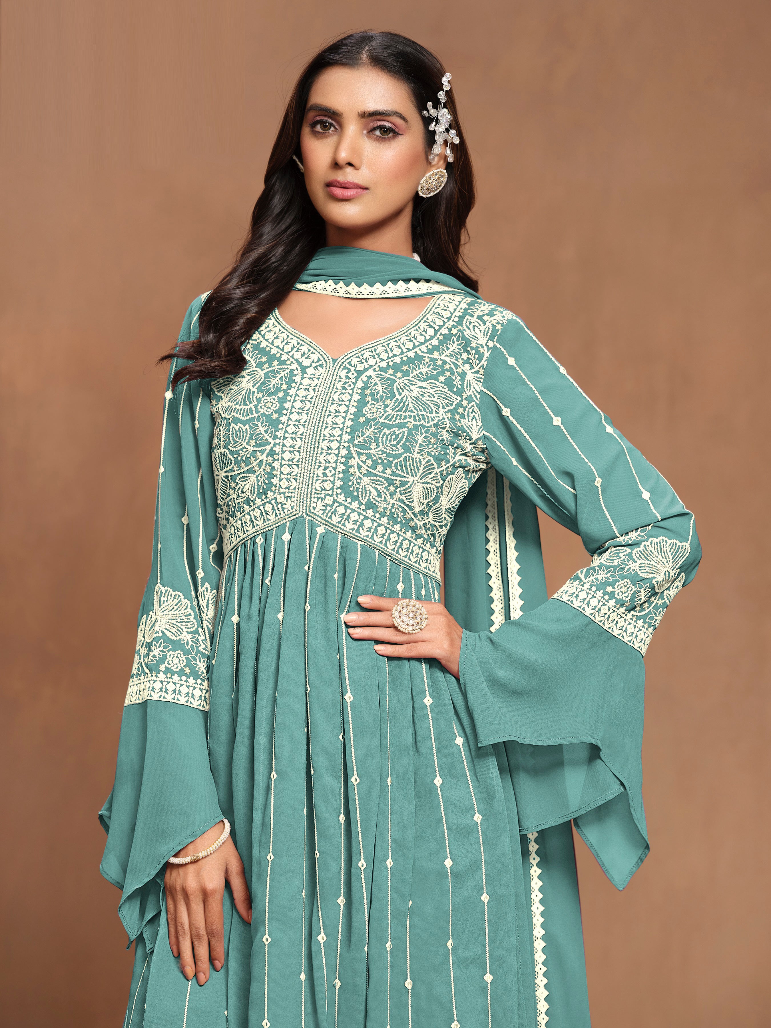 Sea Blue Georgette Thread Work Salwar Kameez