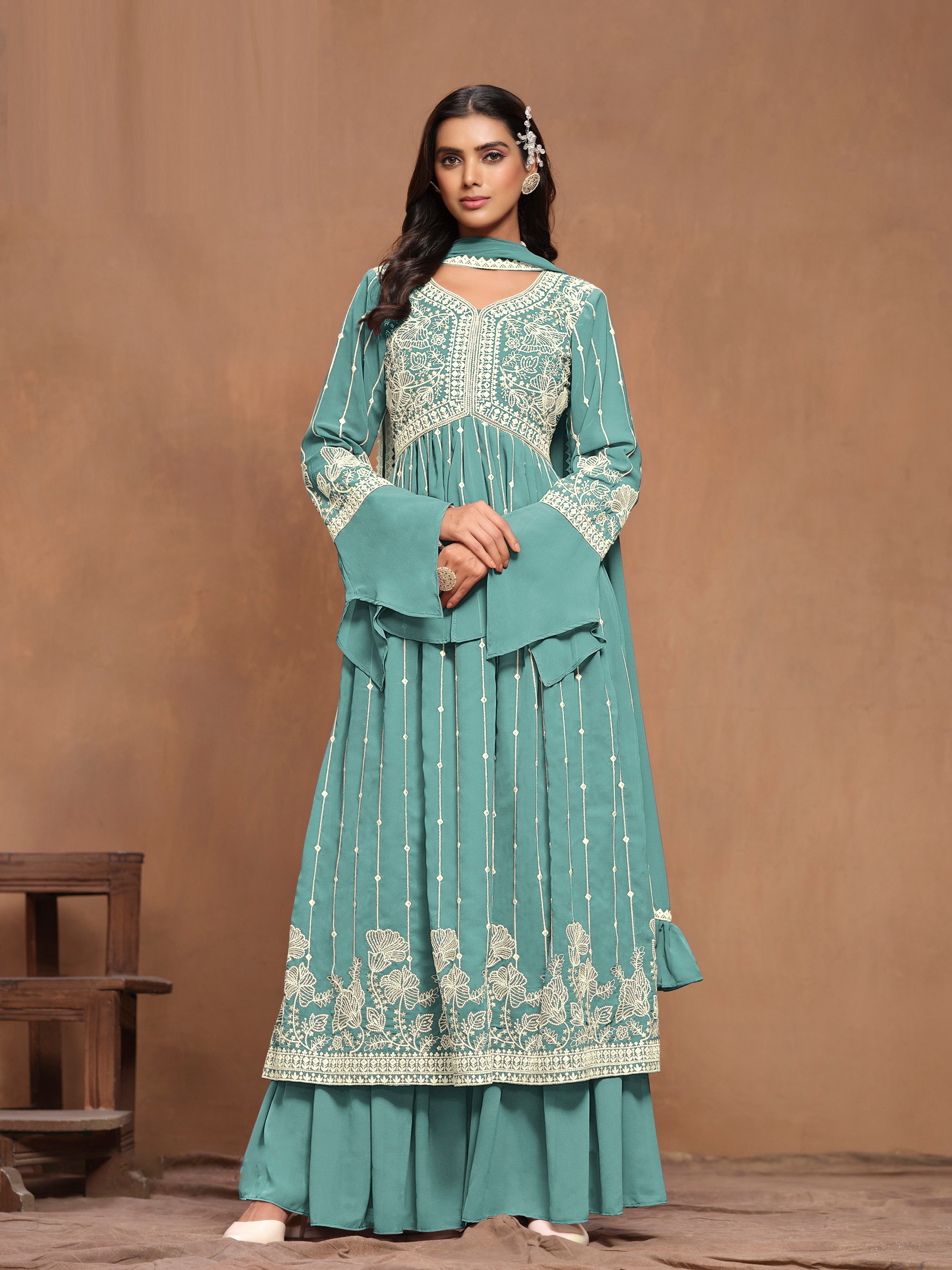 Sea Blue Georgette Thread Work Salwar Kameez