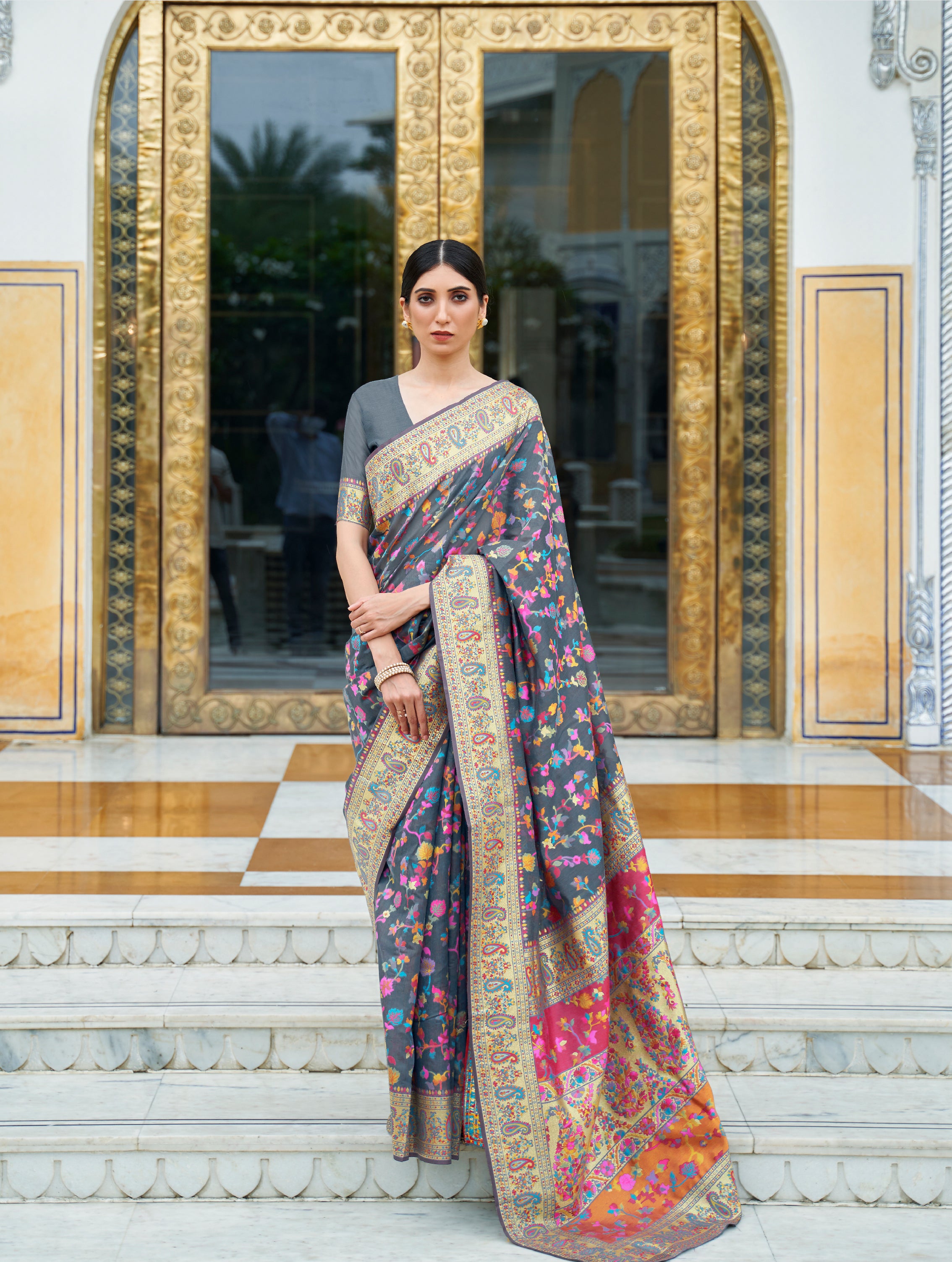 Elegant Grey Kashmiri Modal Silk Saree