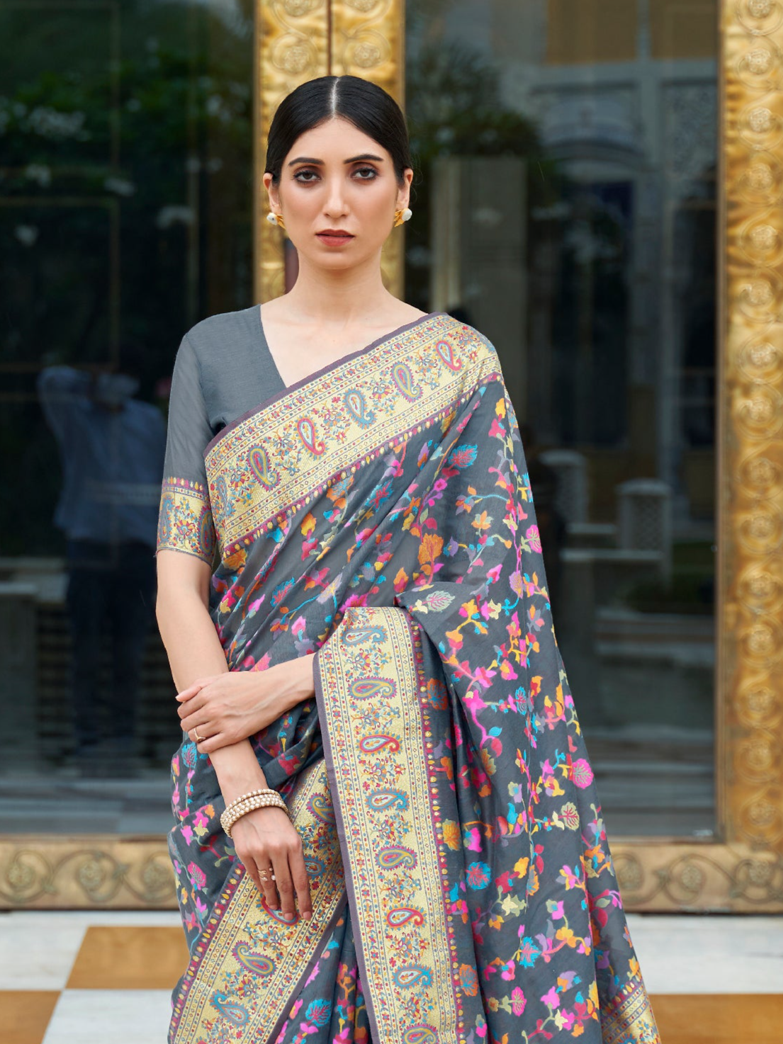 Elegant Grey Kashmiri Modal Silk Saree