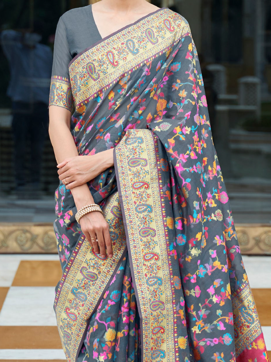 Elegant Grey Kashmiri Modal Silk Saree