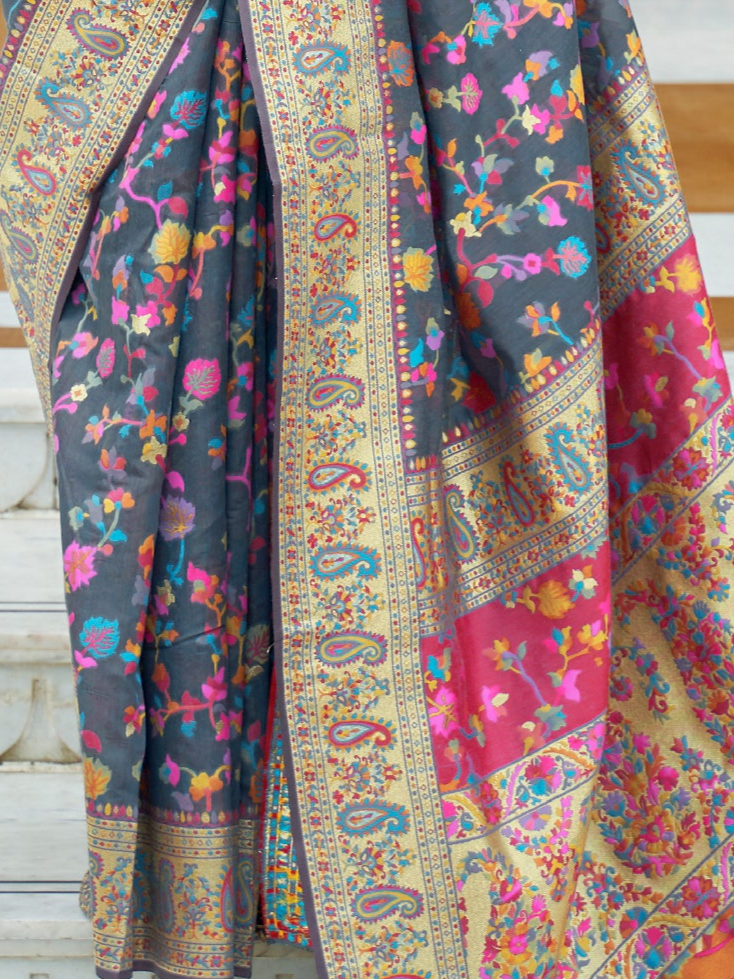 Elegant Grey Kashmiri Modal Silk Saree