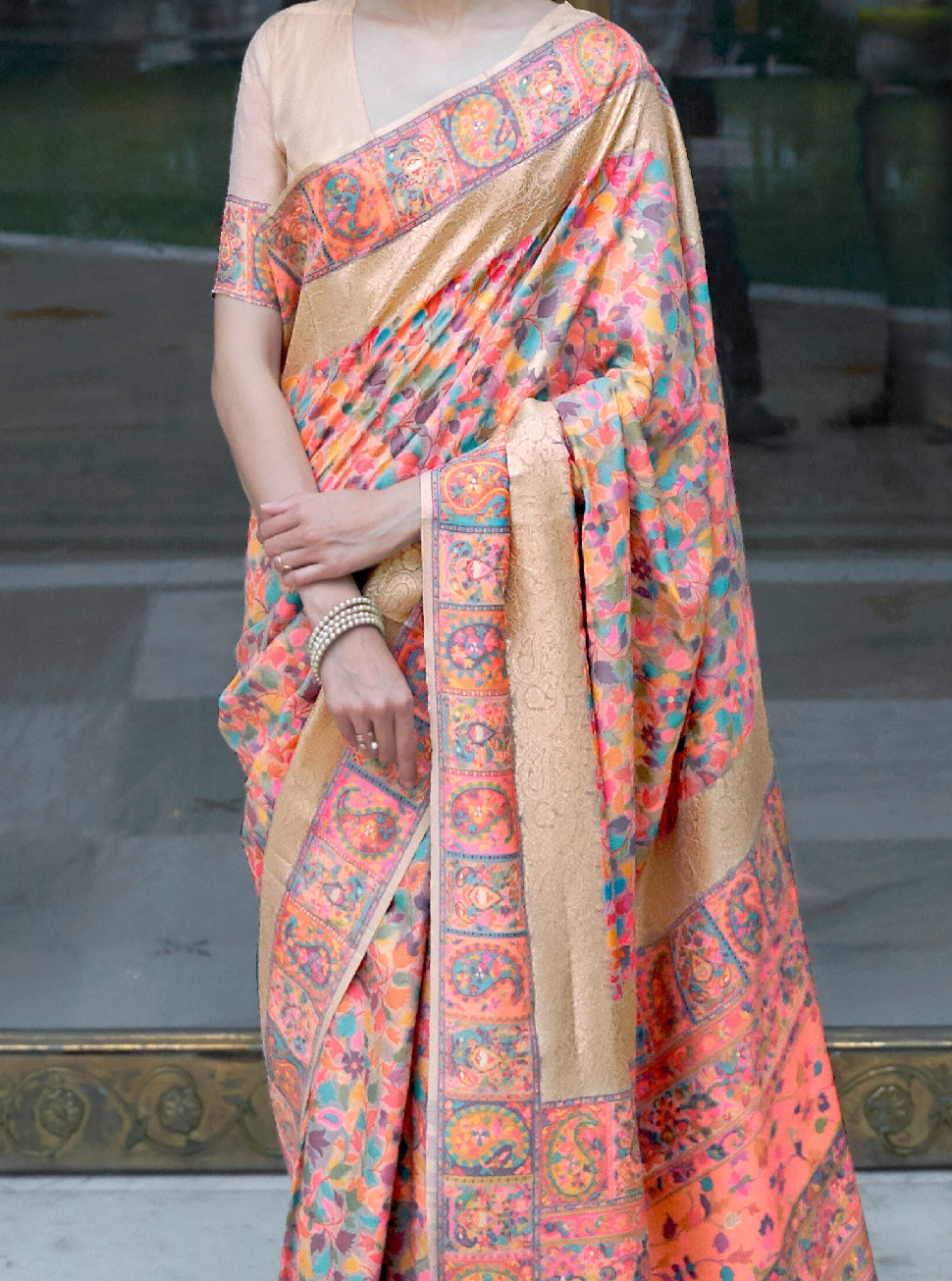 Enchanting Peach Kashmiri Modal Silk Saree