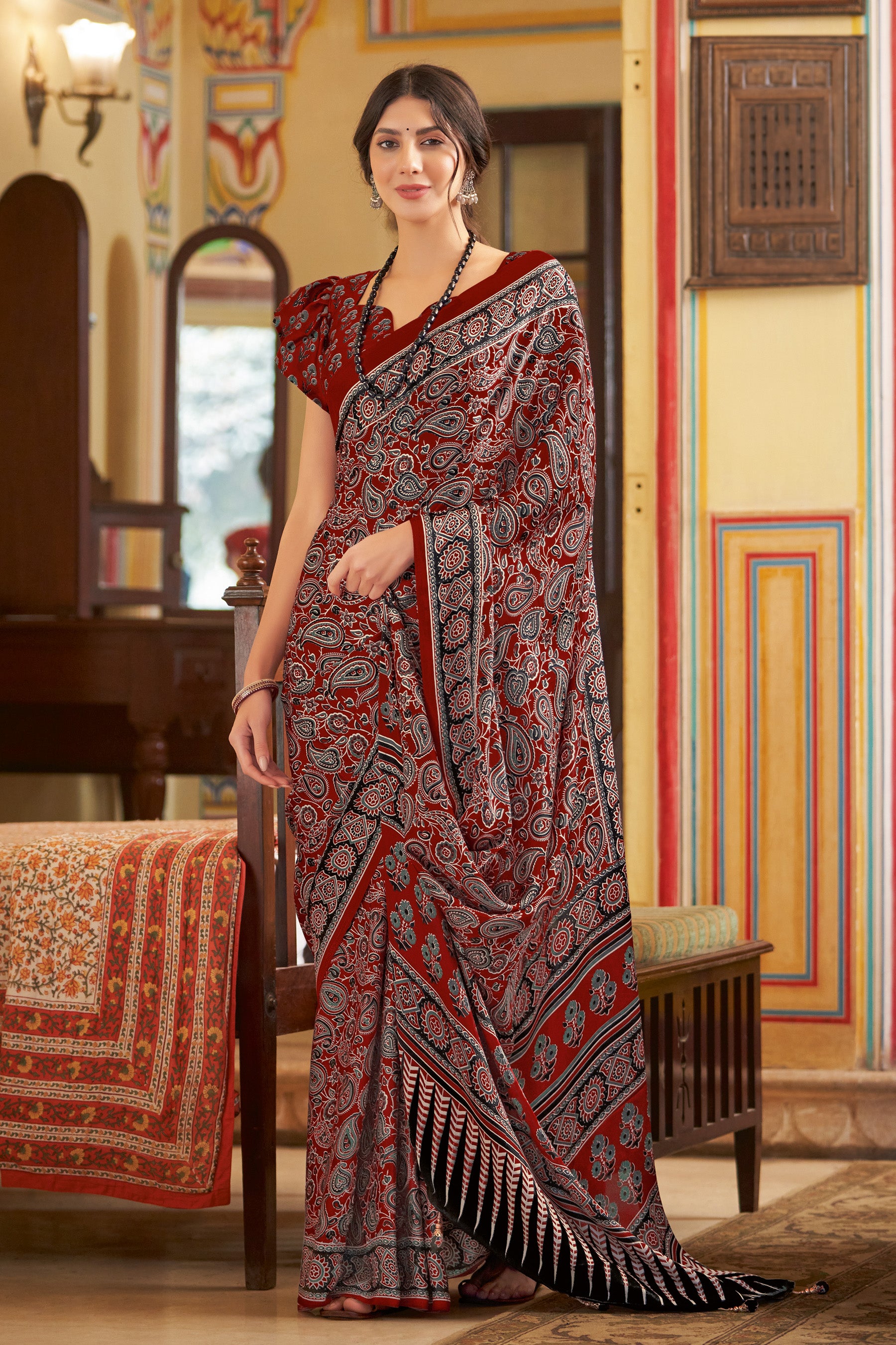 Exquisite Maroon Ajrakh Saree