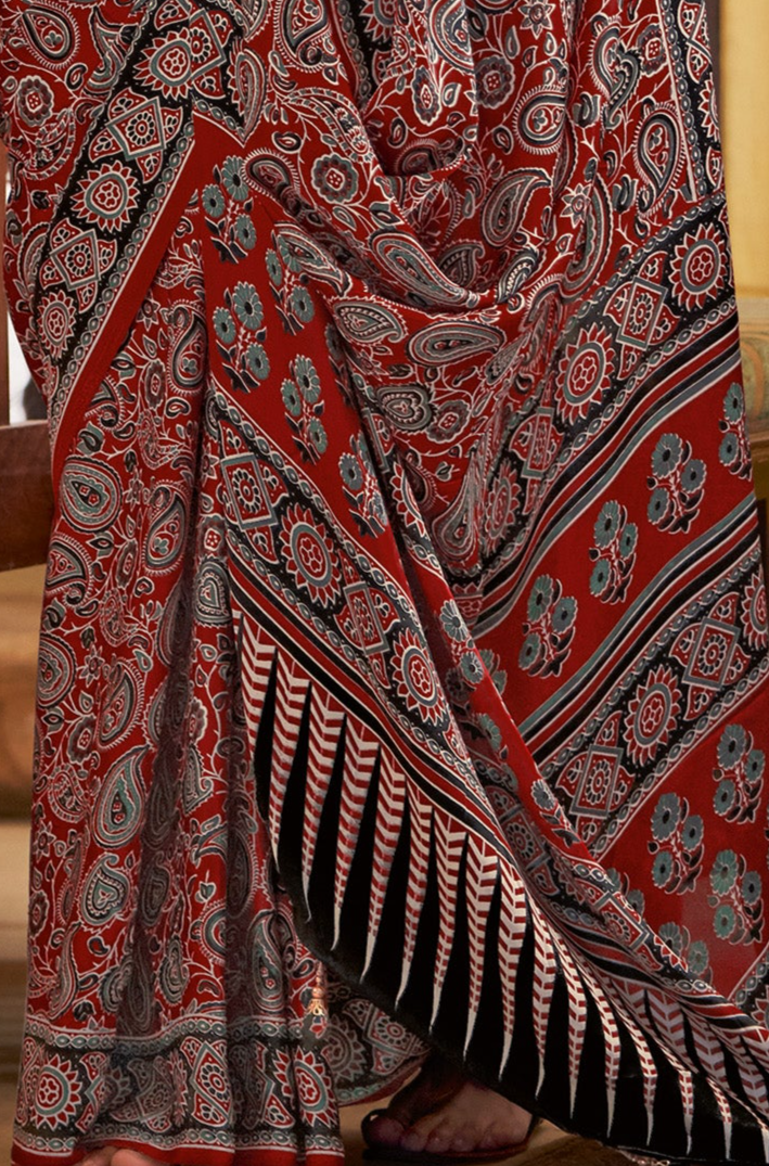 Exquisite Maroon Ajrakh Saree