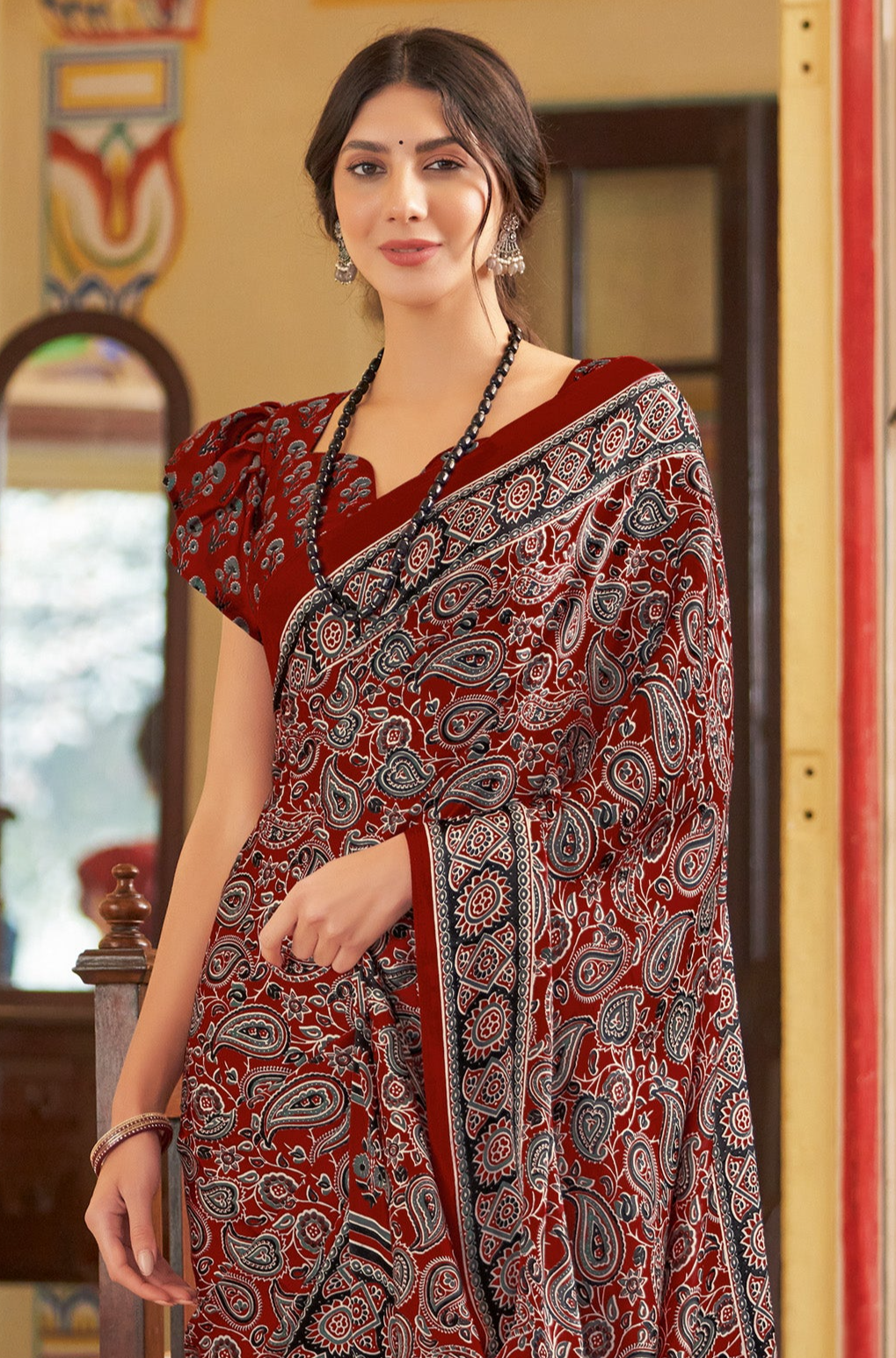 Exquisite Maroon Ajrakh Saree