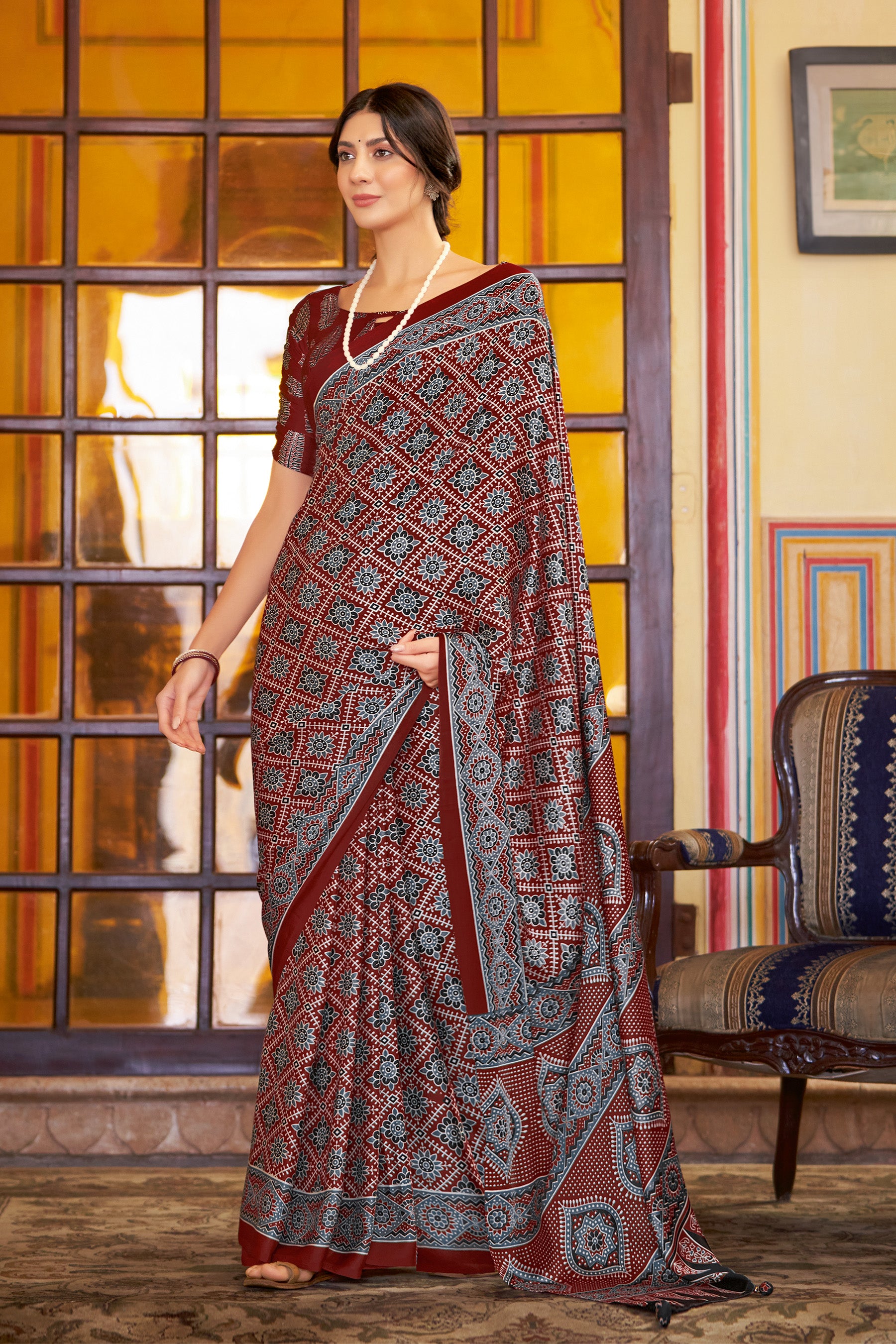 Elegant Dark Red Ajrakh Saree