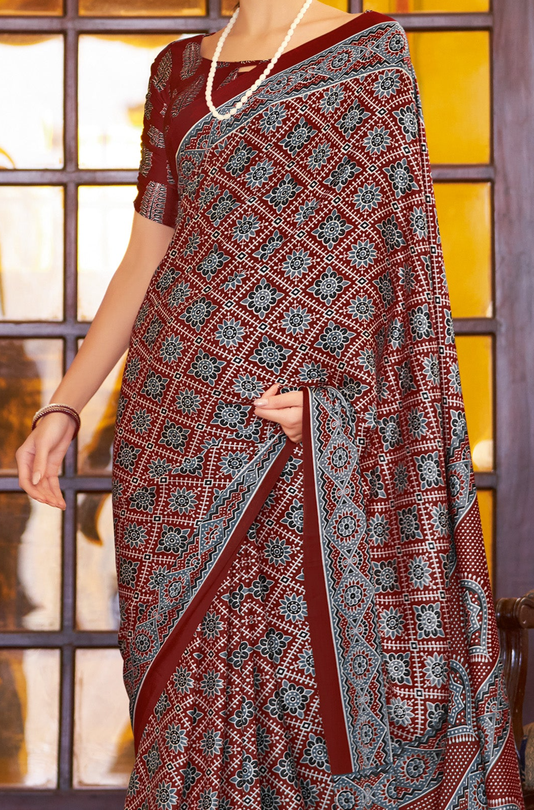 Elegant Dark Red Ajrakh Saree