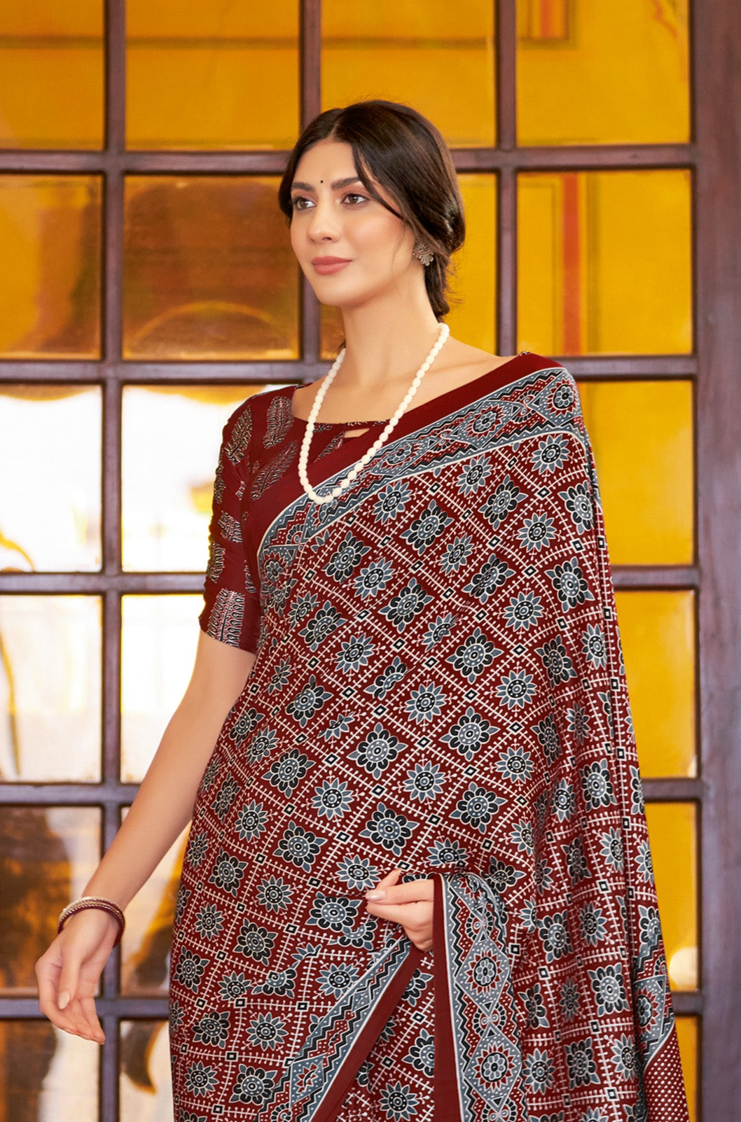 Elegant Dark Red Ajrakh Saree