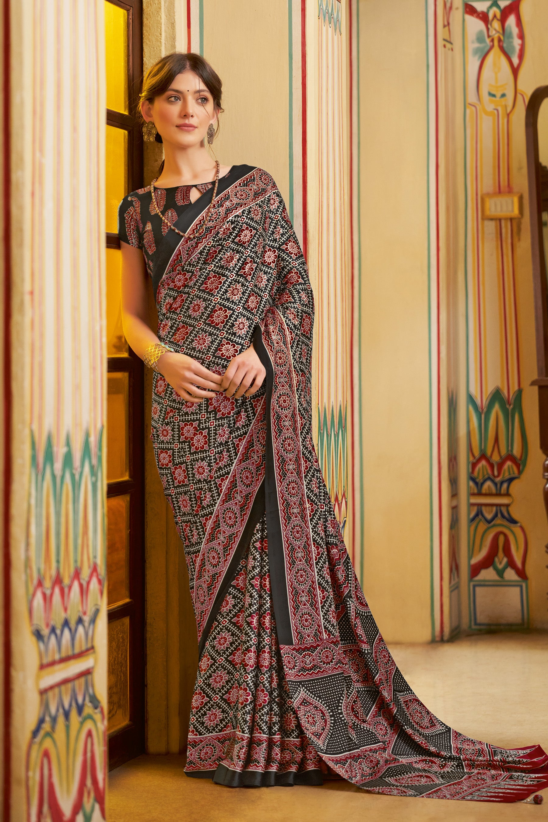 Light Maroon Ajrakh Saree