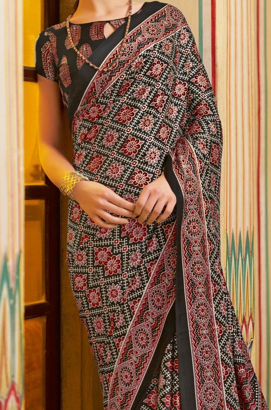 Light Maroon Ajrakh Saree