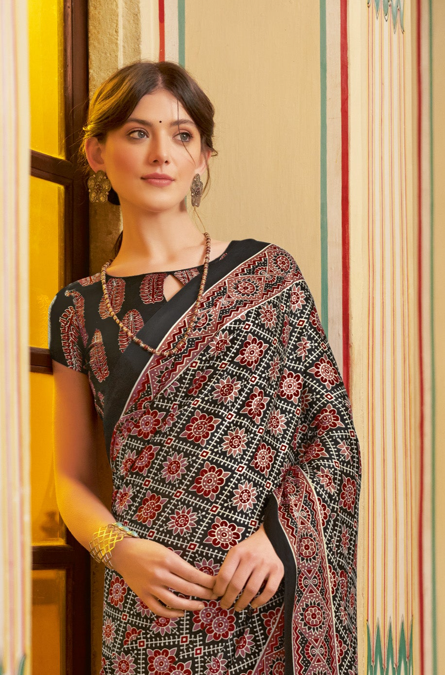 Light Maroon Ajrakh Saree