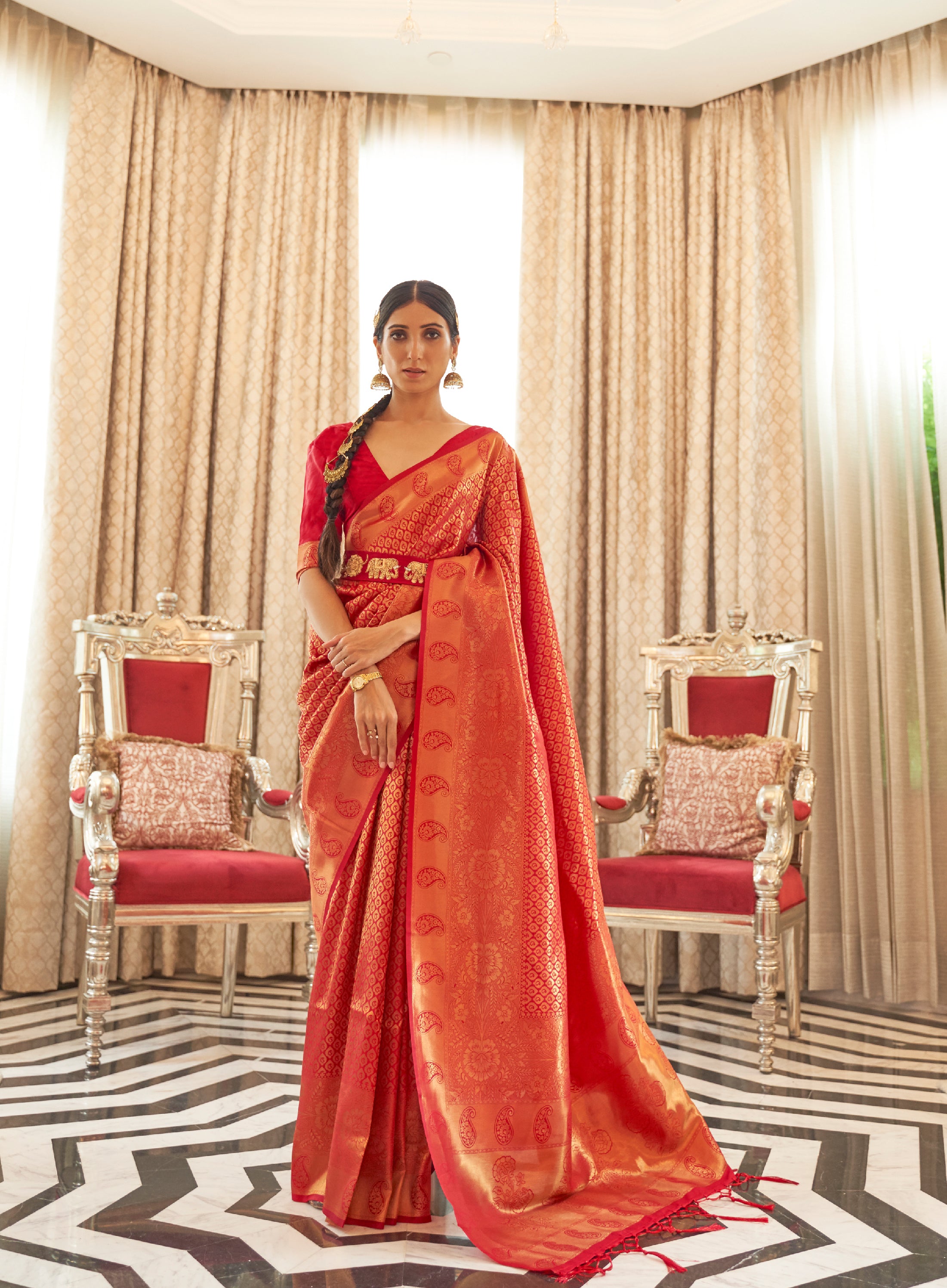 Red Velvet Zari Woven Kanjivaram Saree