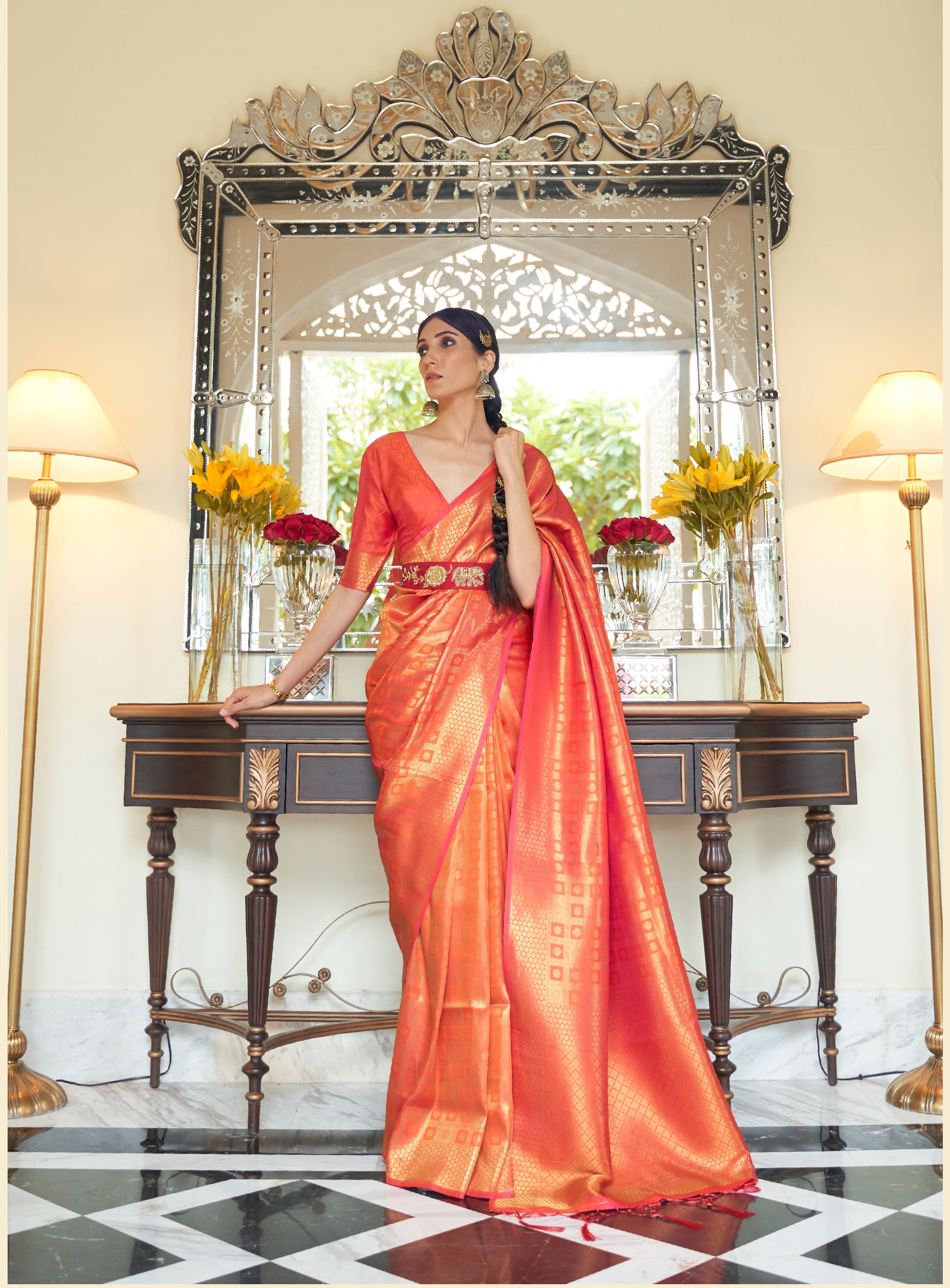 Luminous Orange Pearl Woven Kanjivaram Saree