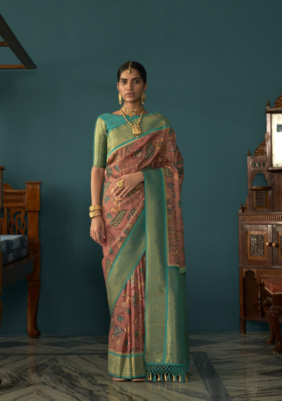 Peach color Soft Tusser Silk With Beautiful Kalamkari Print Saree