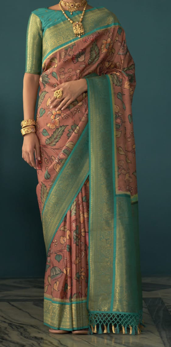 Peach color Soft Tusser Silk With Beautiful Kalamkari Print Saree