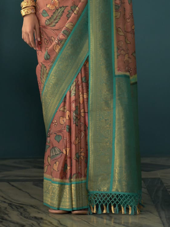 Peach color Soft Tusser Silk With Beautiful Kalamkari Print Saree