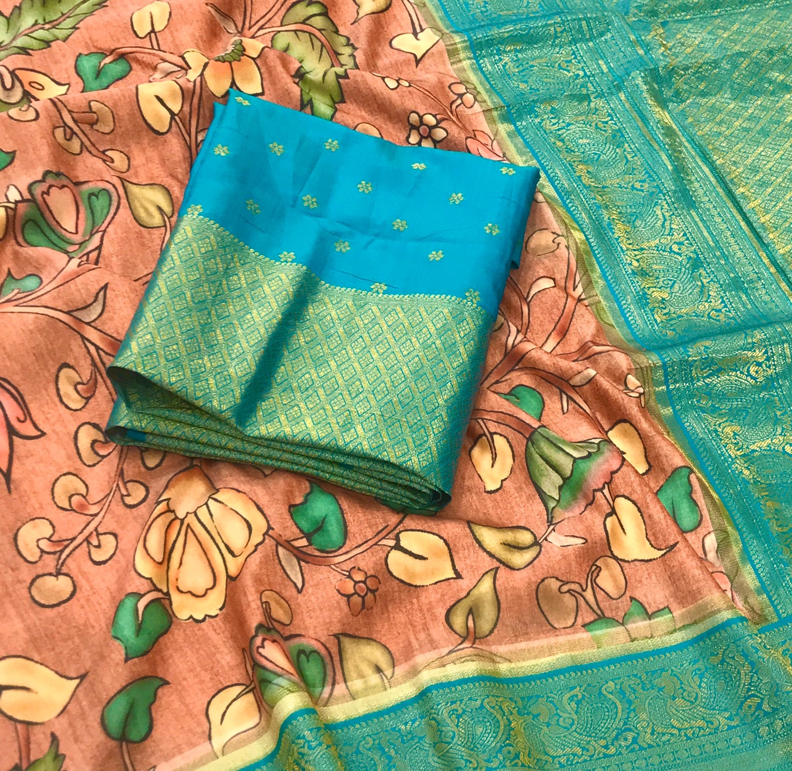 Peach color Soft Tusser Silk With Beautiful Kalamkari Print Saree