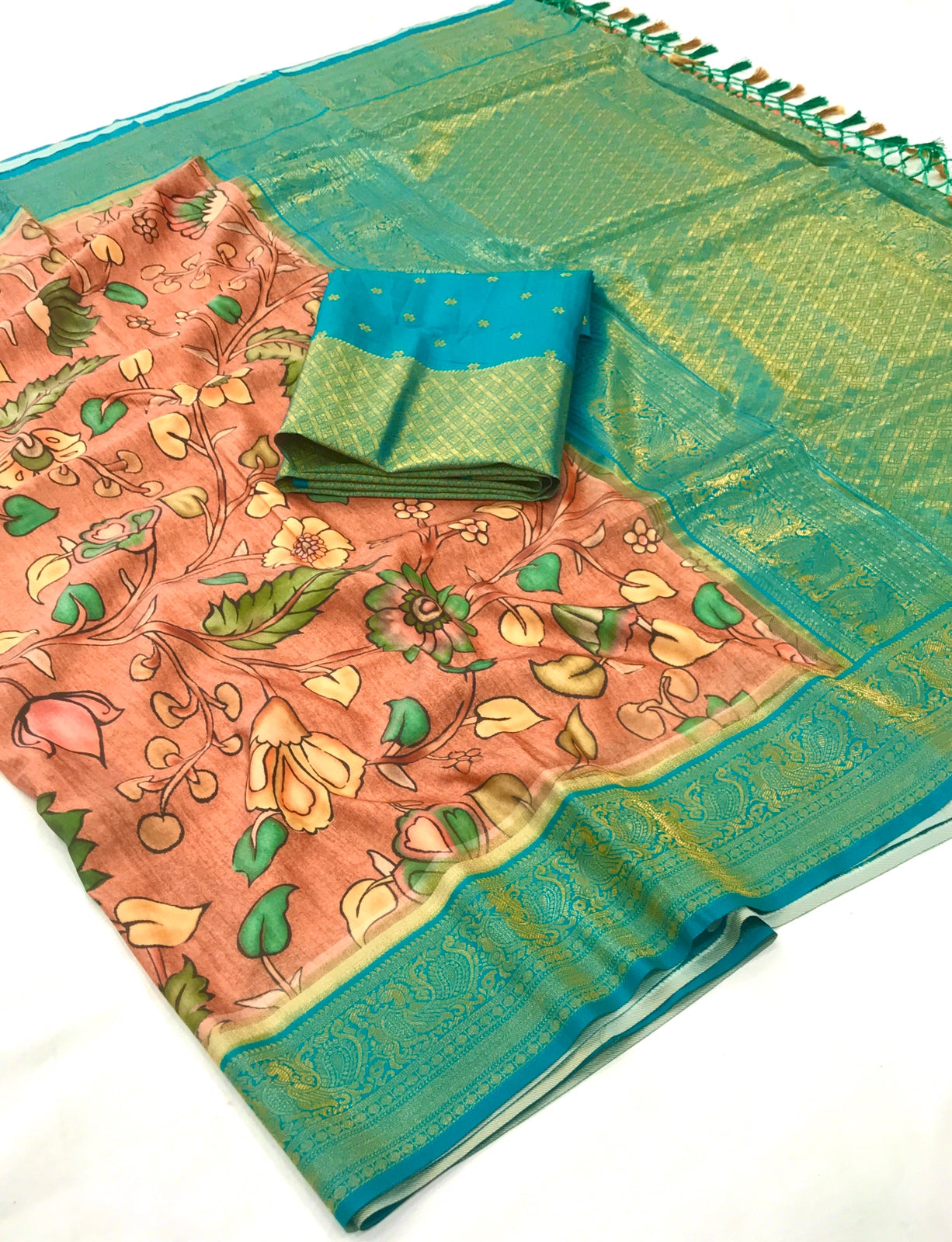 Peach color Soft Tusser Silk With Beautiful Kalamkari Print Saree