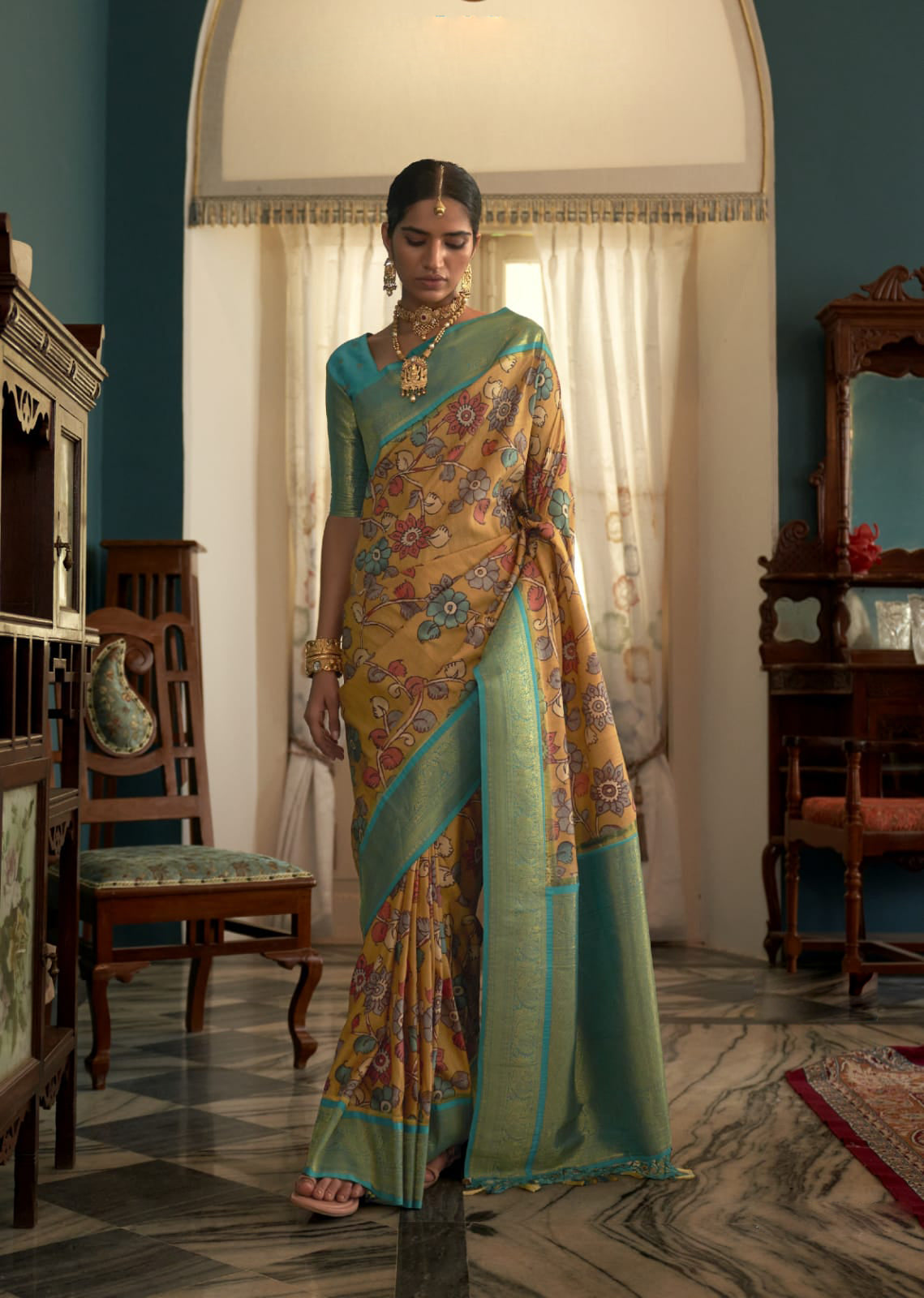 Yellow color Soft Tusser Silk With Beautiful Kalamkari Print Saree