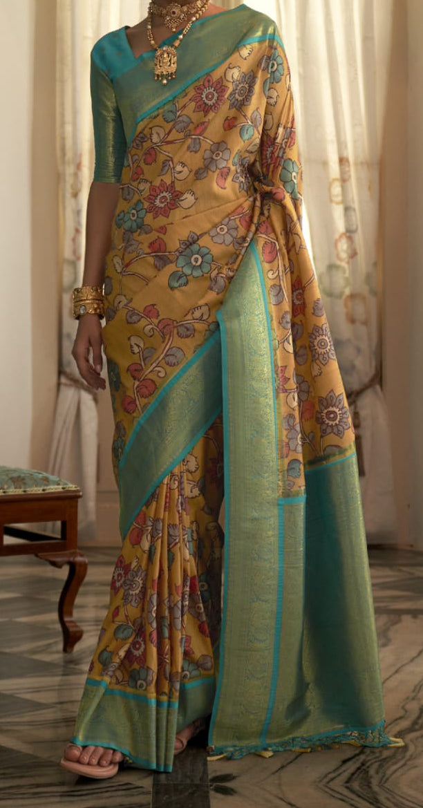 Yellow color Soft Tusser Silk With Beautiful Kalamkari Print Saree