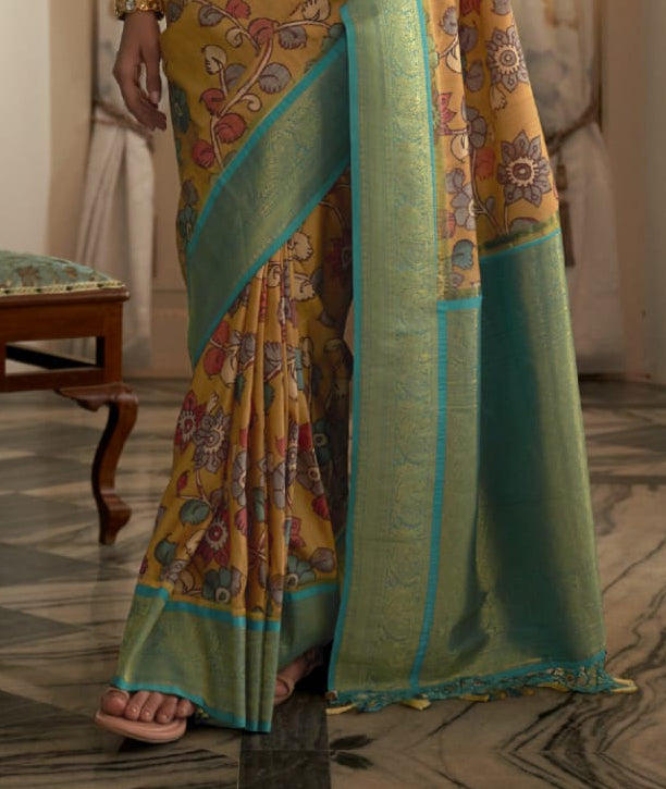 Yellow color Soft Tusser Silk With Beautiful Kalamkari Print Saree