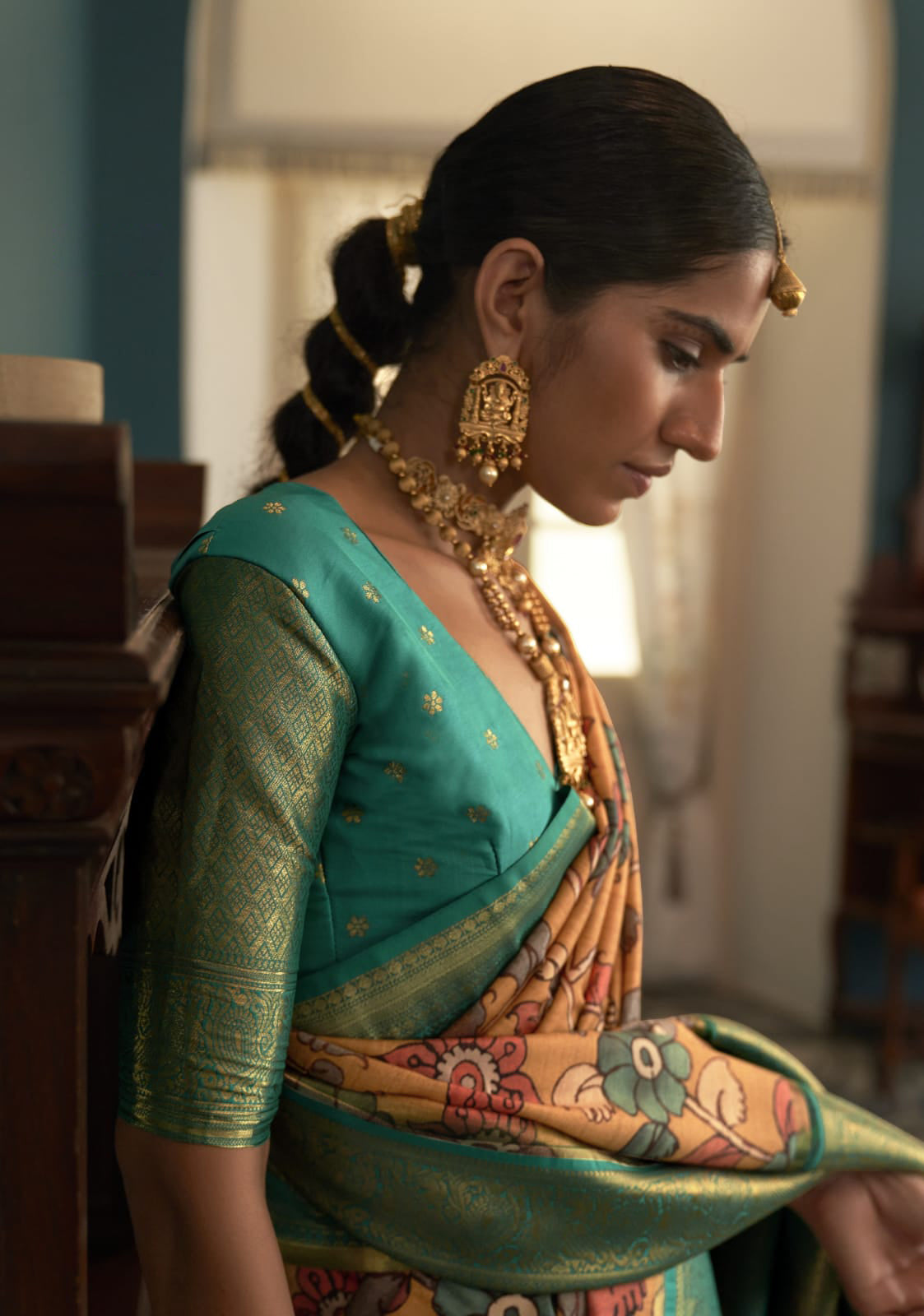 Yellow color Soft Tusser Silk With Beautiful Kalamkari Print Saree