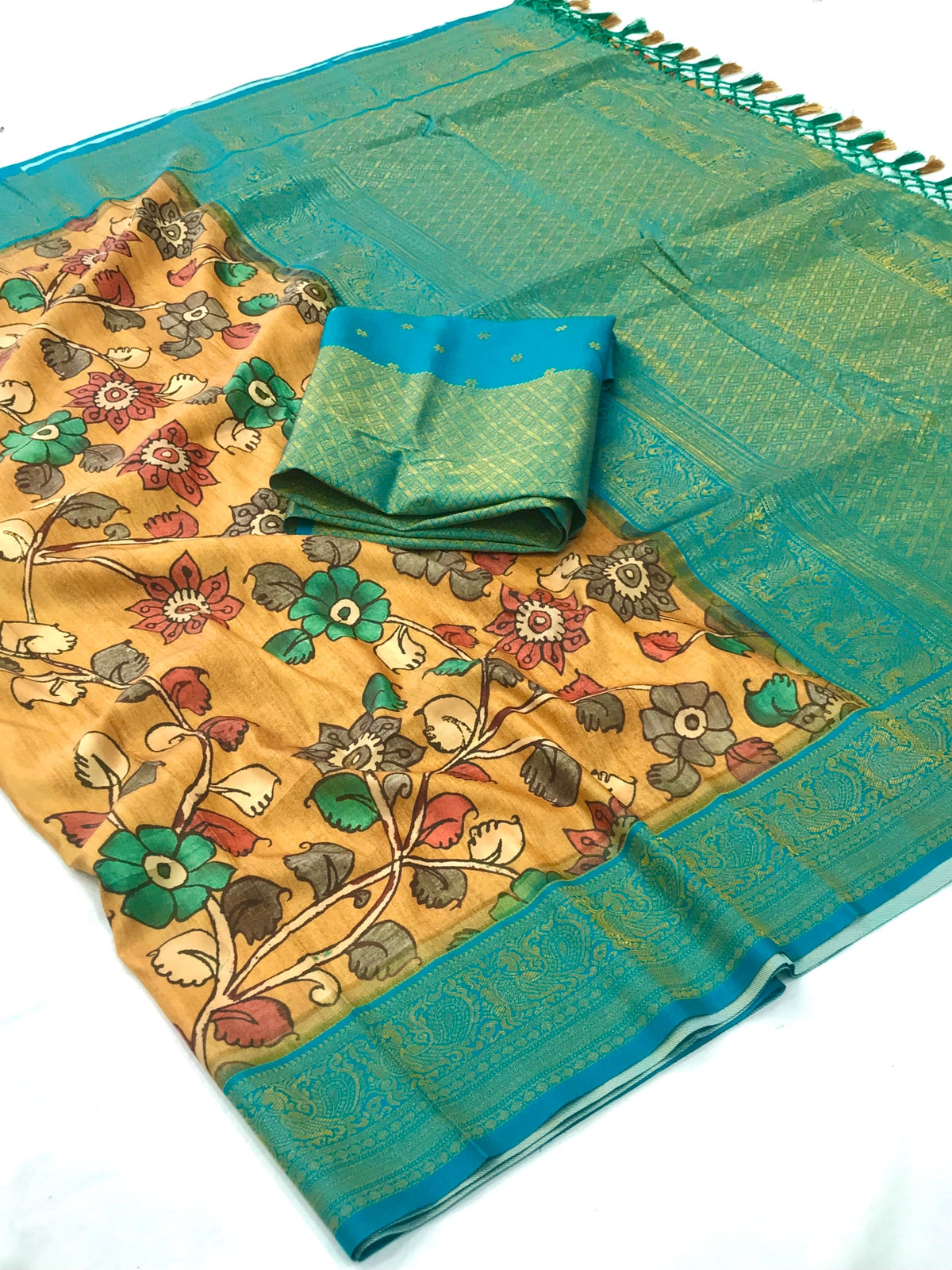 Yellow color Soft Tusser Silk With Beautiful Kalamkari Print Saree