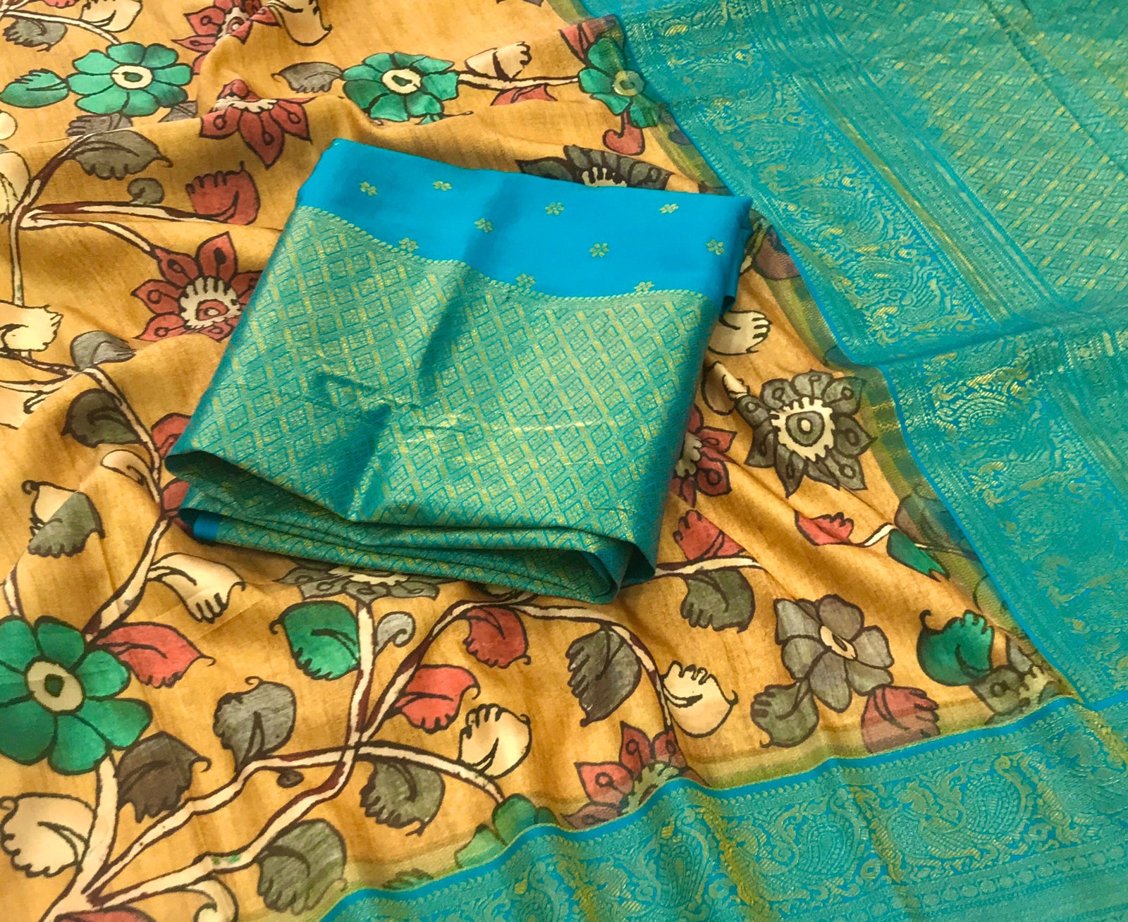 Yellow color Soft Tusser Silk With Beautiful Kalamkari Print Saree