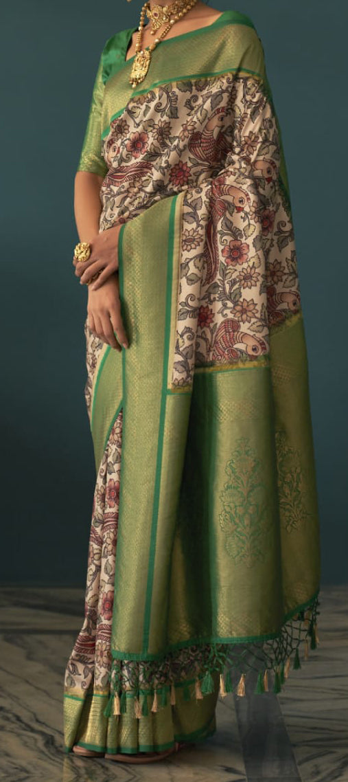 Cream color Soft Tusser Silk With Beautiful Kalamkari Print Saree