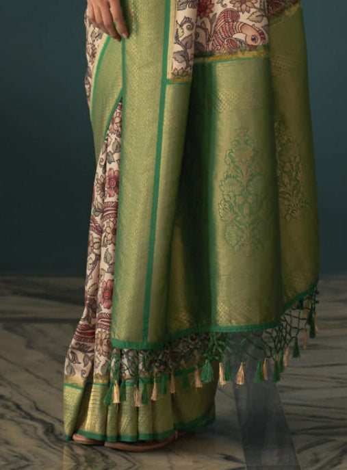 Cream color Soft Tusser Silk With Beautiful Kalamkari Print Saree