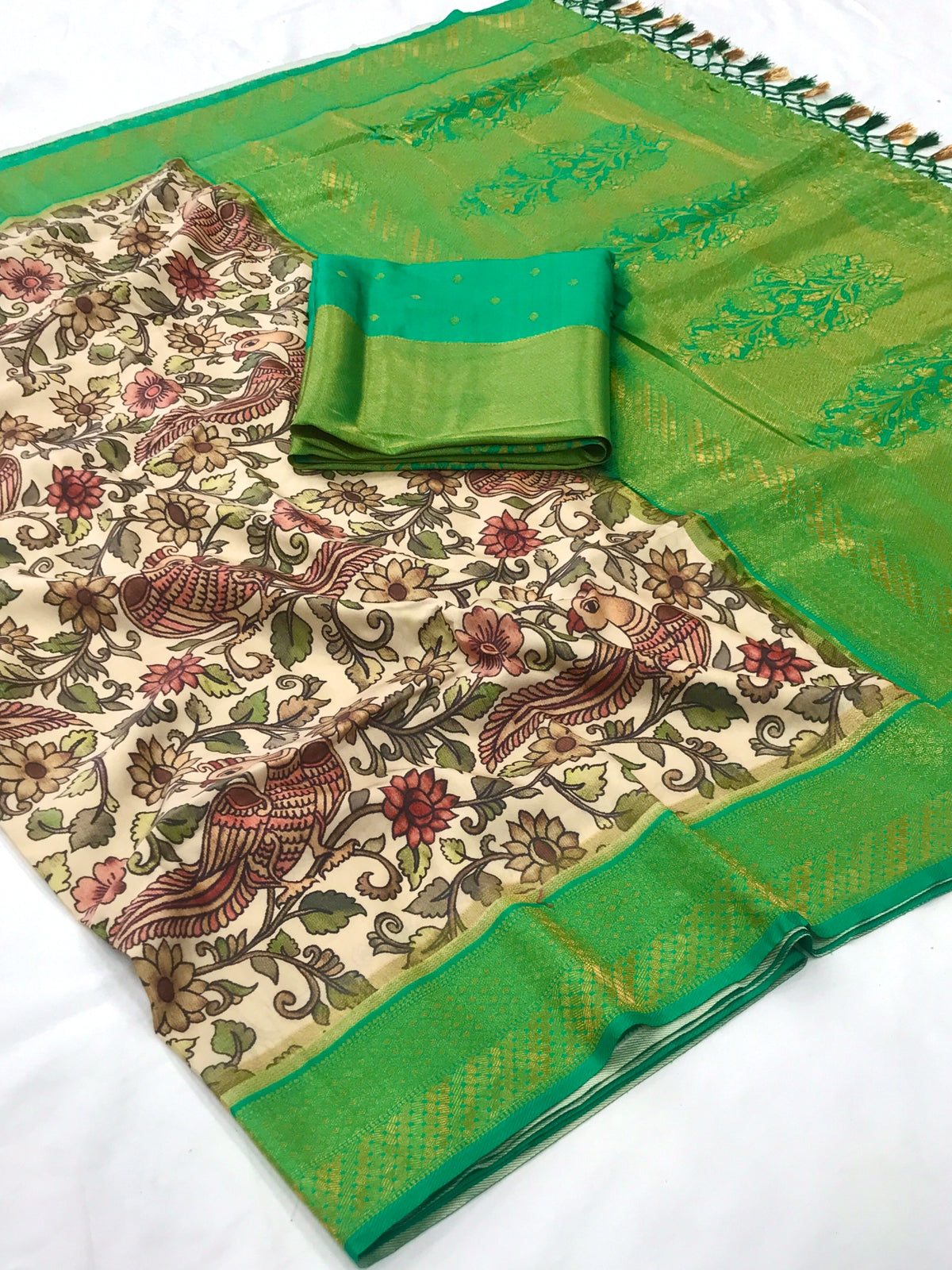 Cream color Soft Tusser Silk With Beautiful Kalamkari Print Saree