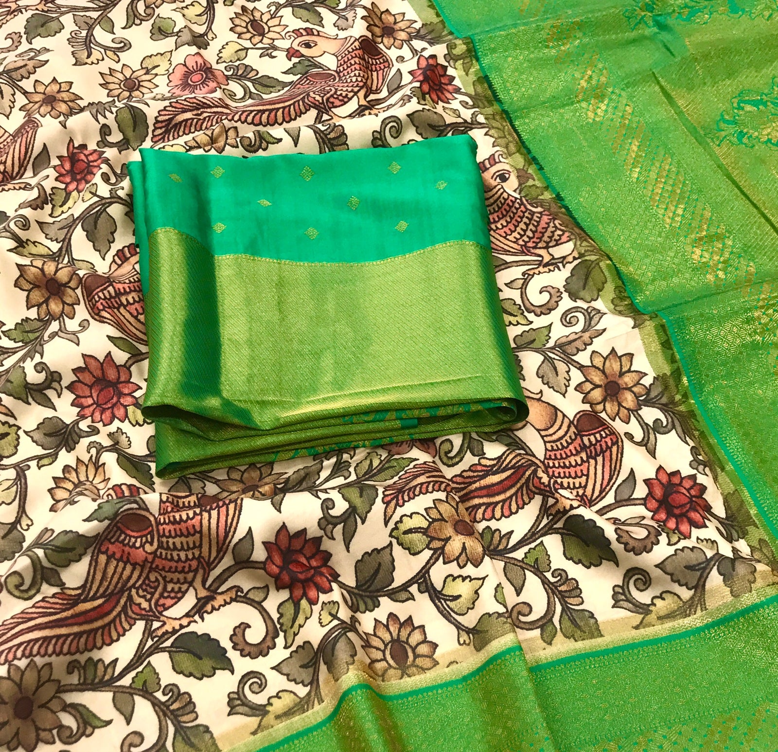 Cream color Soft Tusser Silk With Beautiful Kalamkari Print Saree