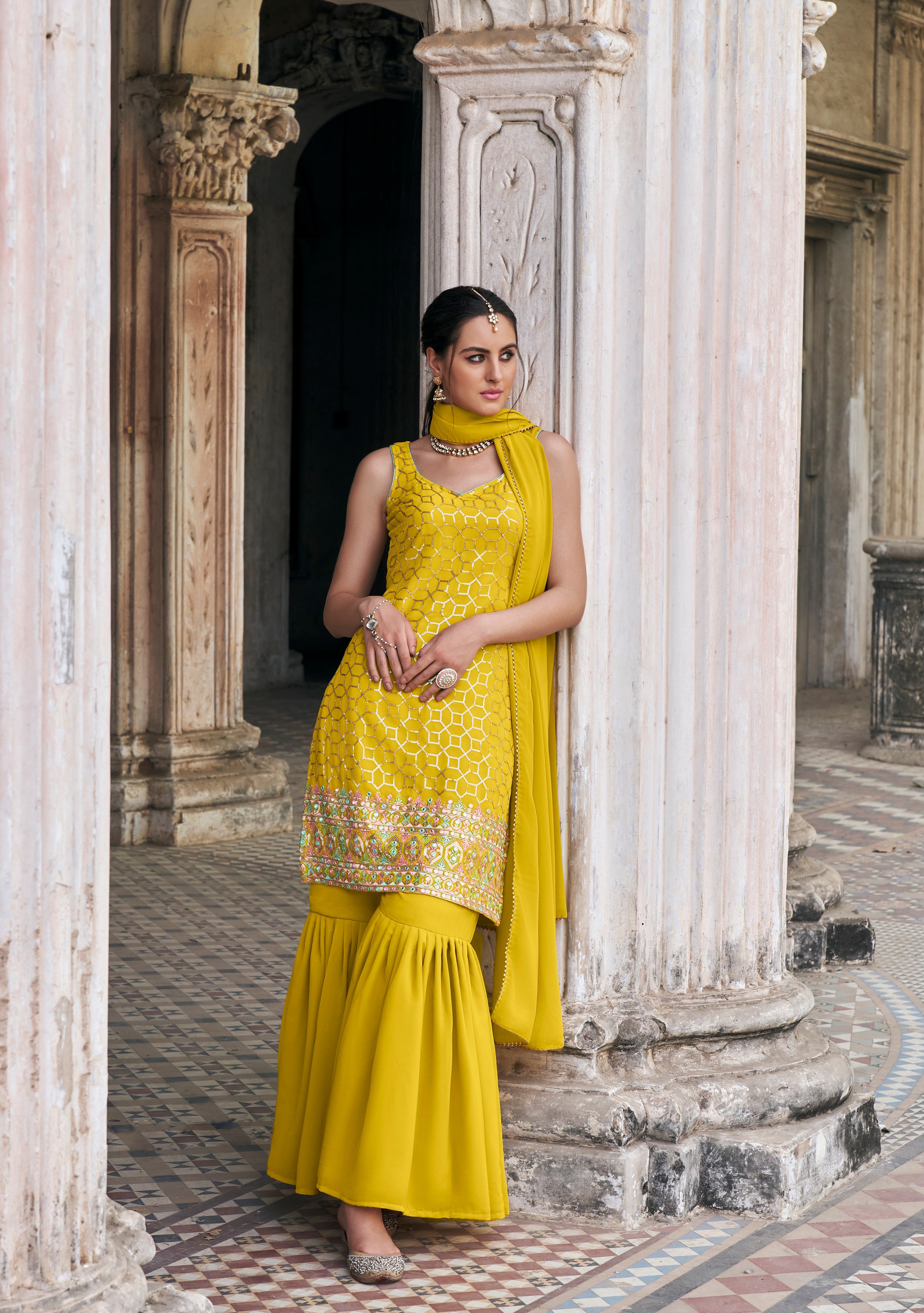 Yellow Sharara Bottom Suits [READYMADE]