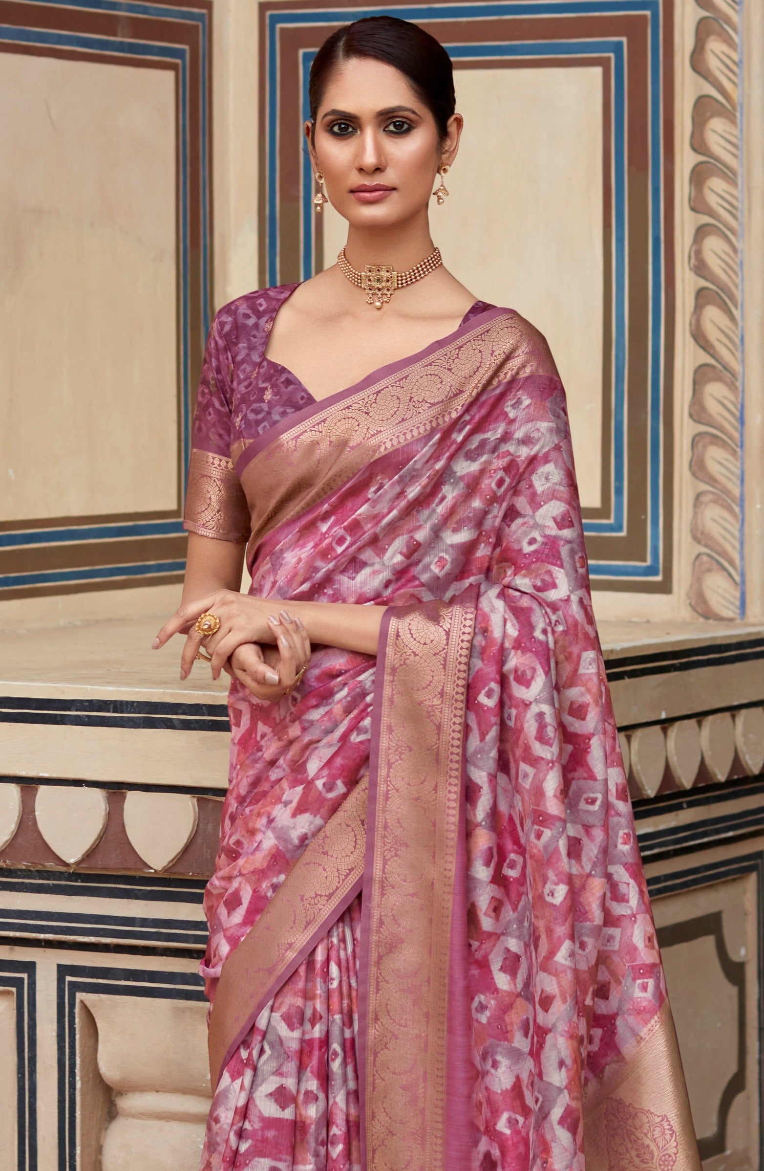 Boysenberry Purple Banarasi Printed Silk Saree